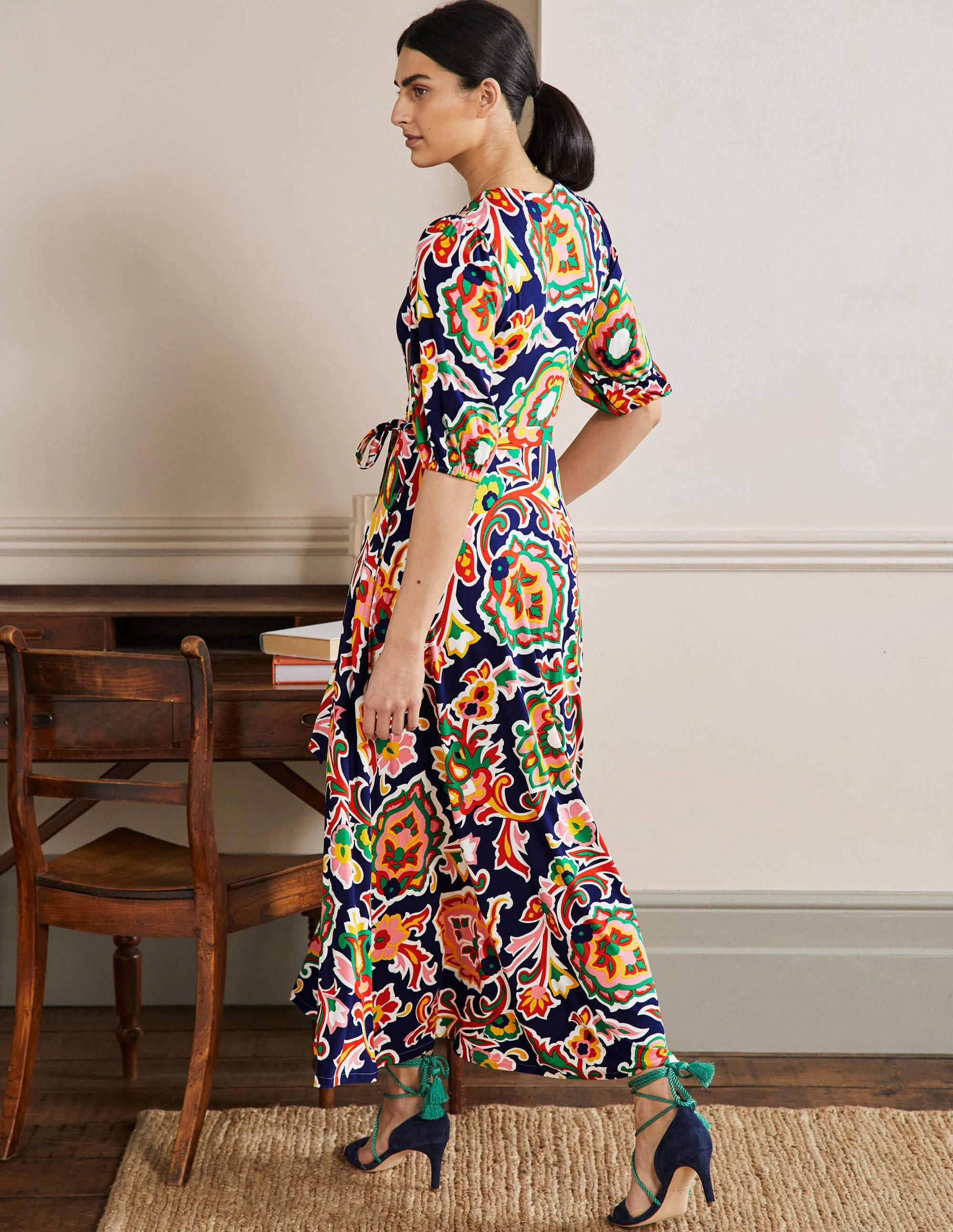  Fixed Wrap Jersey Maxi Dress-Midnight Ocean, Blooms、mySite、ashleygrahame