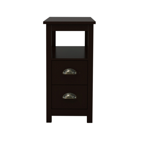 End Table Narrow Nightstand With Two Drawers And Open Shelf-Brown、、casual