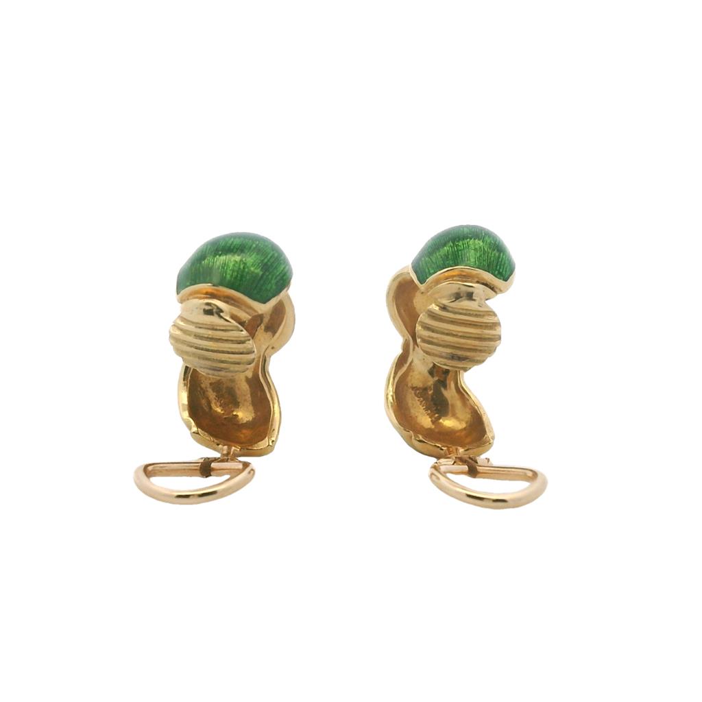  Estate 18K Yellow Gold Green Enamel Clip On Hoop Earrings