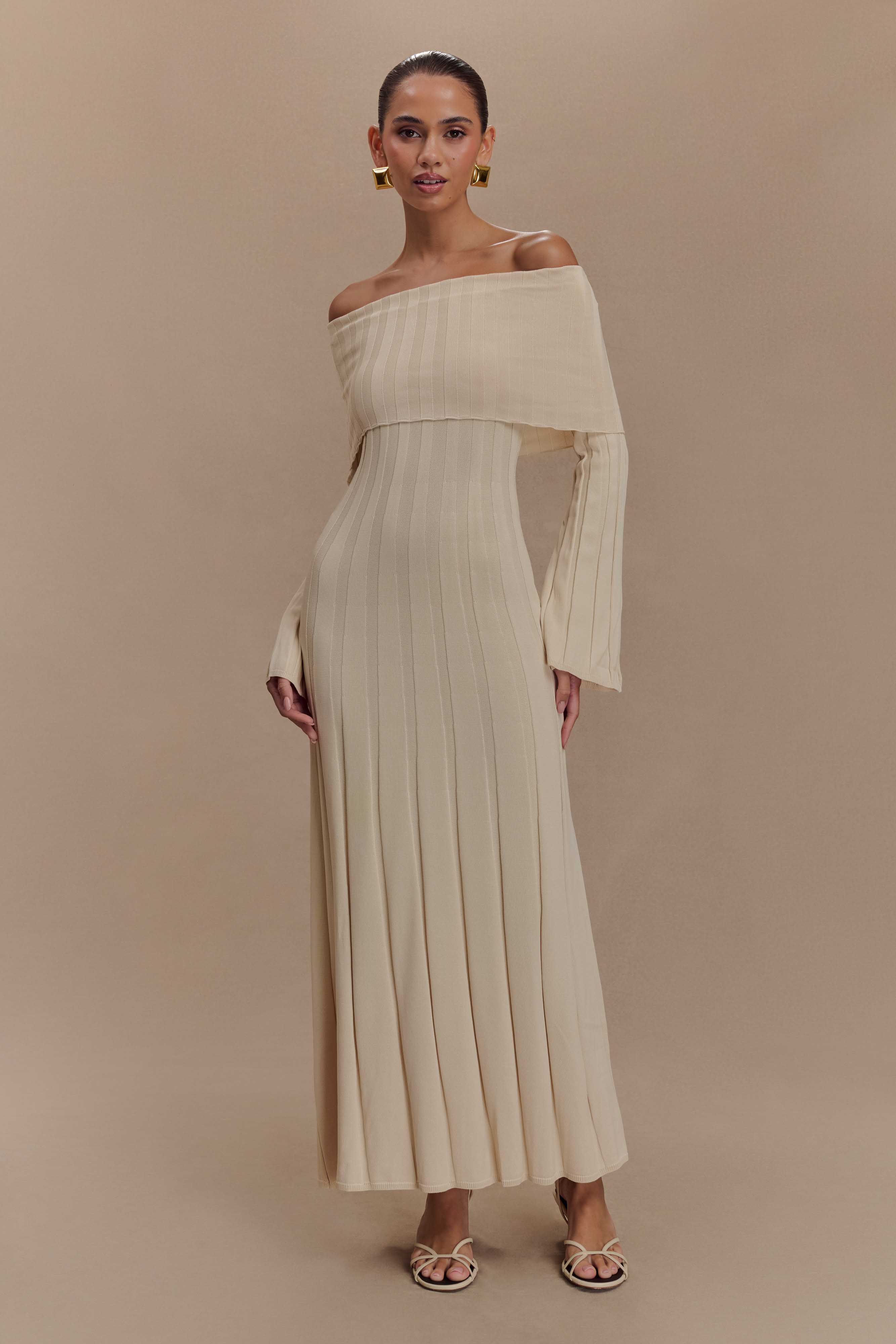 Alonza Long Sleeve Knit Midi Dress - Cream、mySite、solidvoid