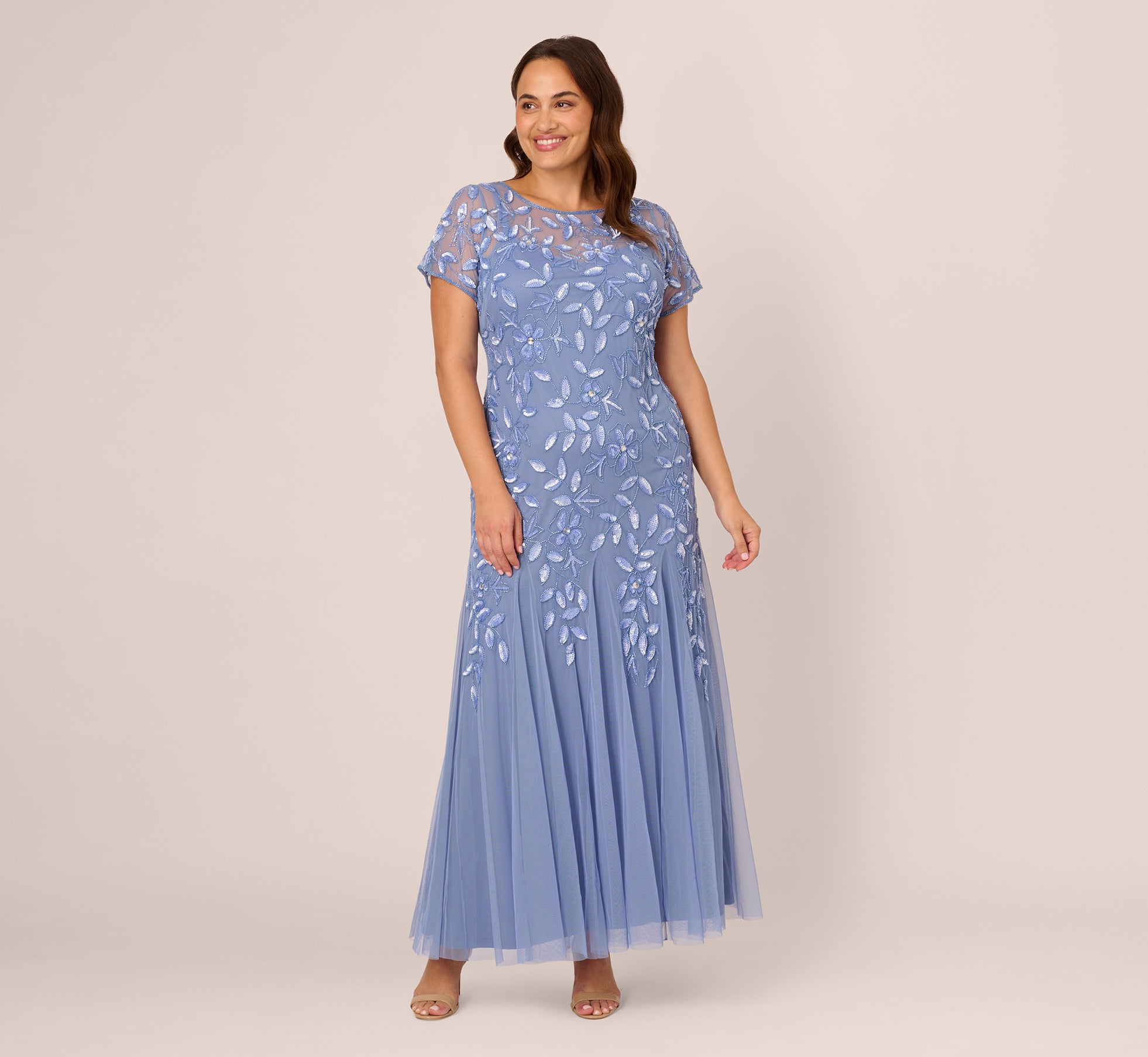 Plus Size Hand Beaded Short Sleeve Floral Godet Gown In French Blue、mySite、solidvoid