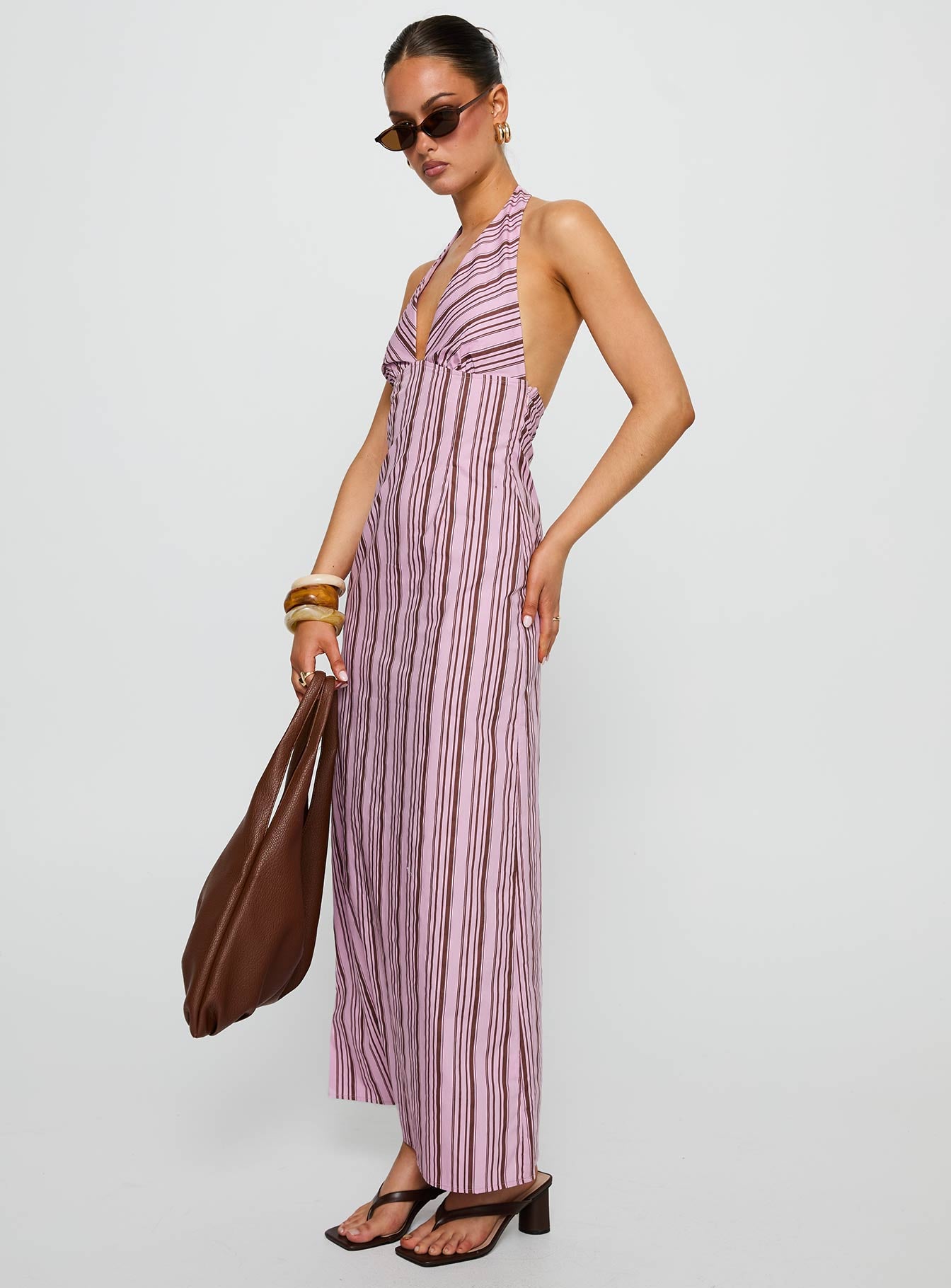 Avrie Halter Maxi Dress Pink / Brown Stripe、mySite、solidvoid