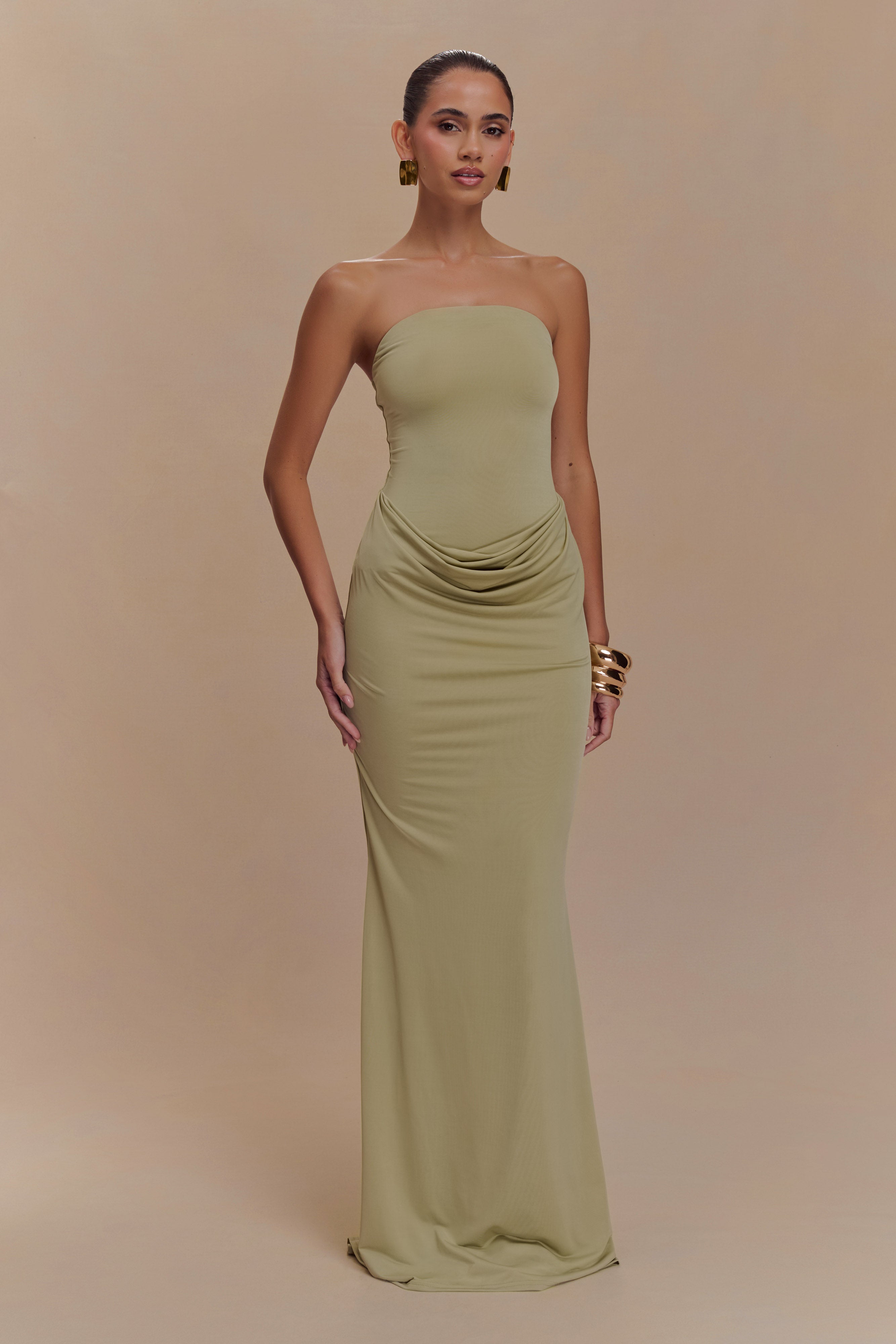 Madison Strapless Slinky Maxi Dress - Sage、mySite、solidvoid