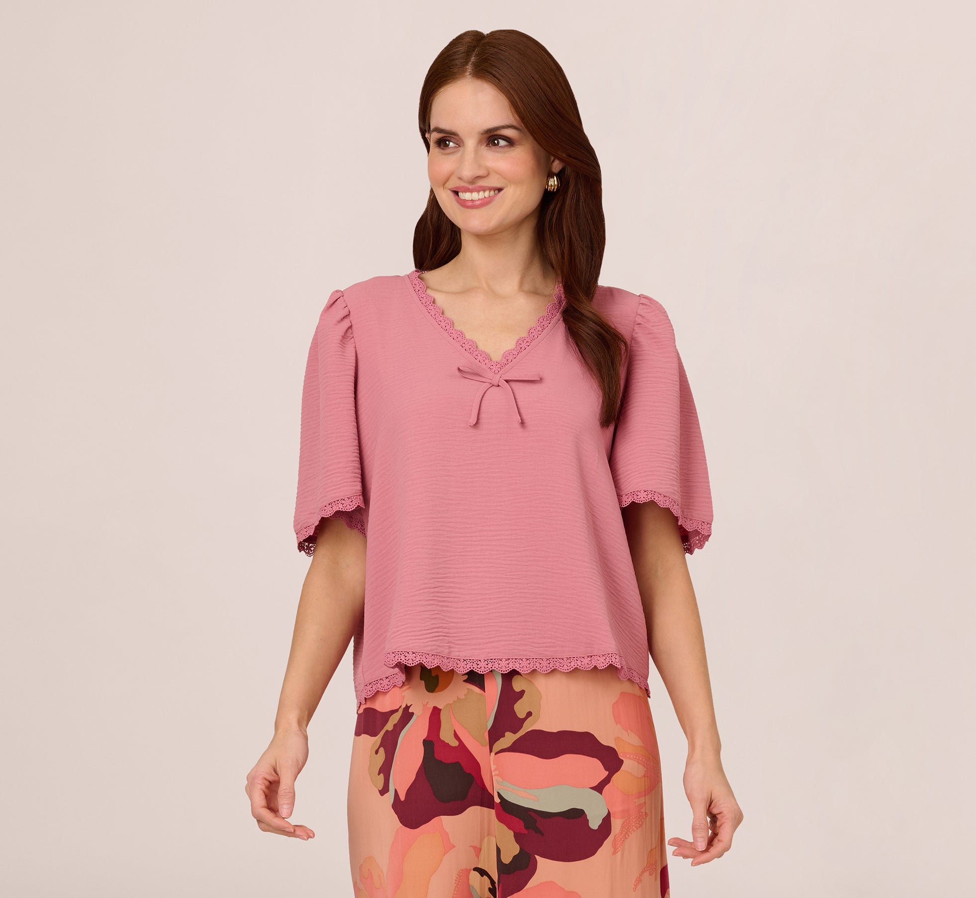 Short Sleeve Crochet Trim Top In Mesa Rose、mySite、solidvoid