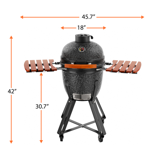 18" W Kamado Portable Charcoal Grill with Side Shelves and Cover, Black、、eastwooduniform