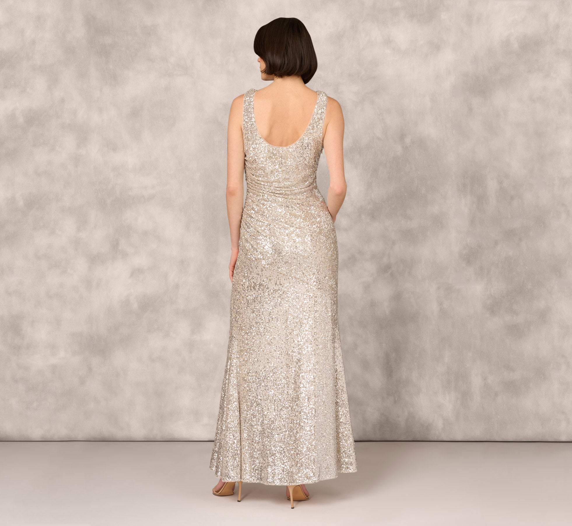 Stretch Sequin Sleeveless Cowl Neck Gown With Gathered Details In Champagne Silver、mySite、solidvoid