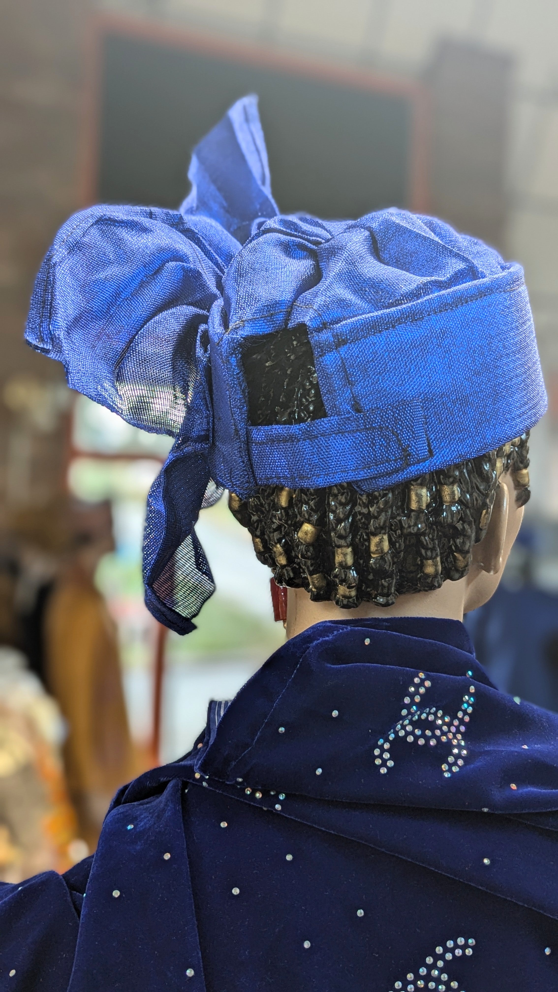 Dupsie's Exquisite Emotan Royal-Blue Aso Oke Autogele Ready Gele Aso Oke head wrap crown hat with Large Bow DPAGRBWLB2、mySite、solidvoid