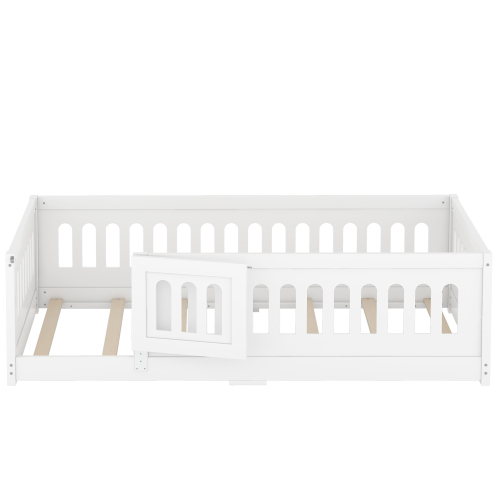 Twin Size Floor Bed with Heightened Safety Guardrails and Door, Solid Wood Bedframe with Rails for Girls, Boys, Teens, Child Bedroom, Kids Playroom, No Slats Included, White、、casual