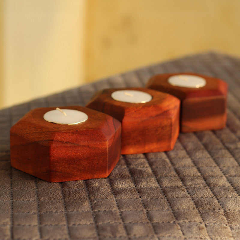 Acacia Wood Tea Light Candle Holders | Brown | Set of 3、mySite、camillekostekn