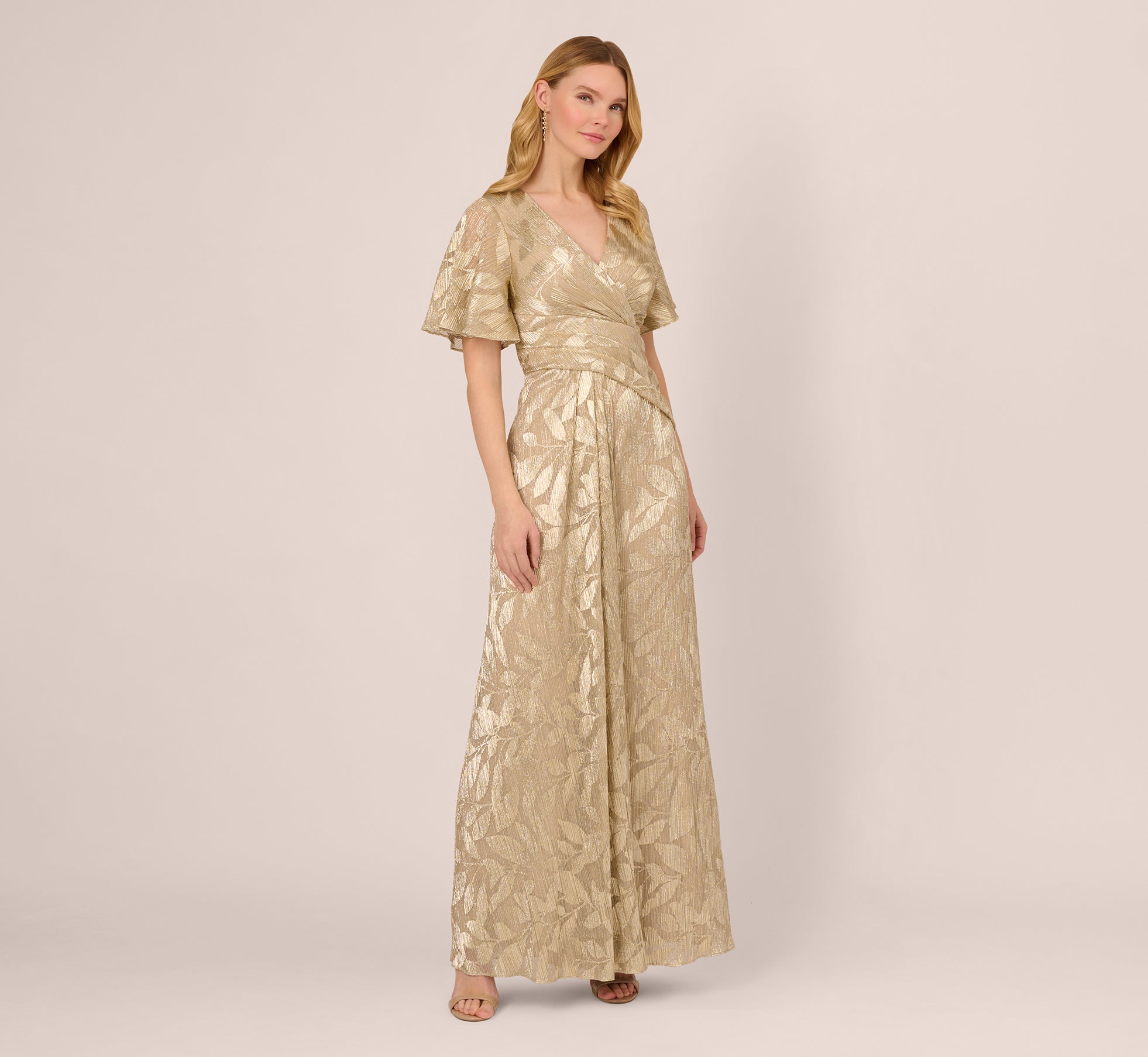 Foil Leaf Short Sleeve Gown With Draped Details In Champagne Gold、mySite、solidvoid