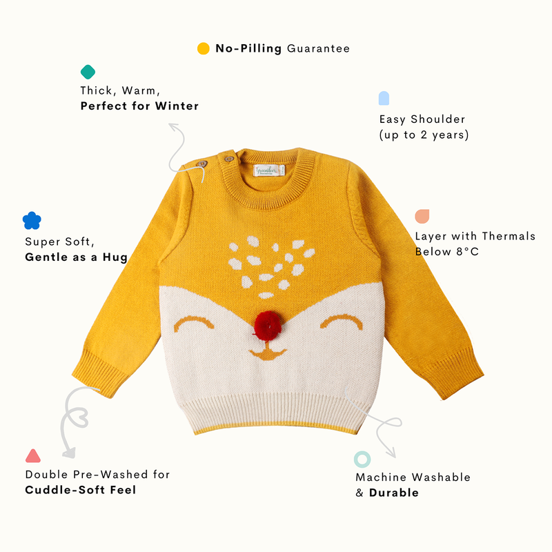 Cotton Sweater For Kids | Cuddly Fox Printed | Mustard Yellow、mySite、camillekostekn