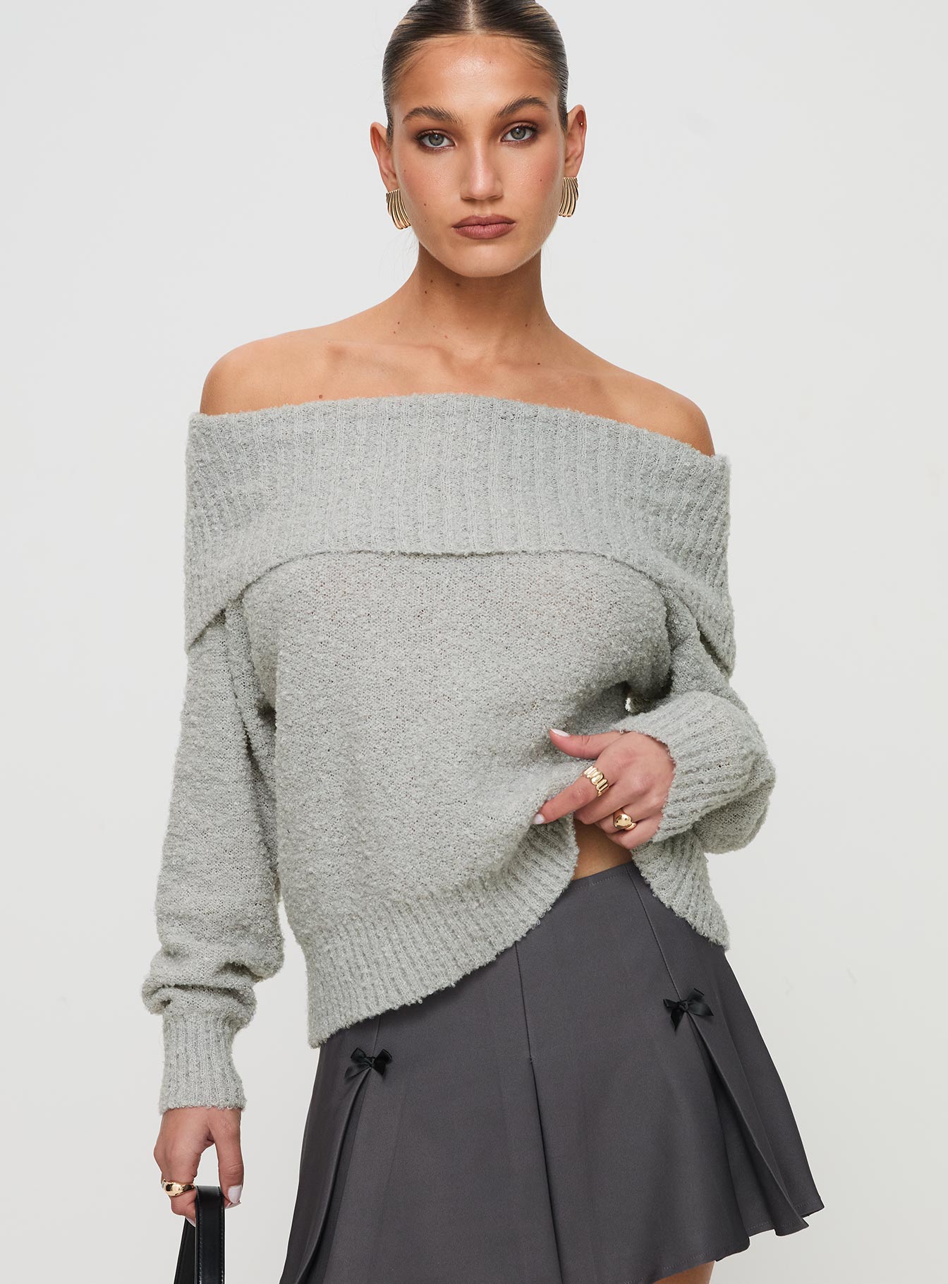 Parkley Boucle Off The Shoulder Sweater Grey Marle、mySite、solidvoid