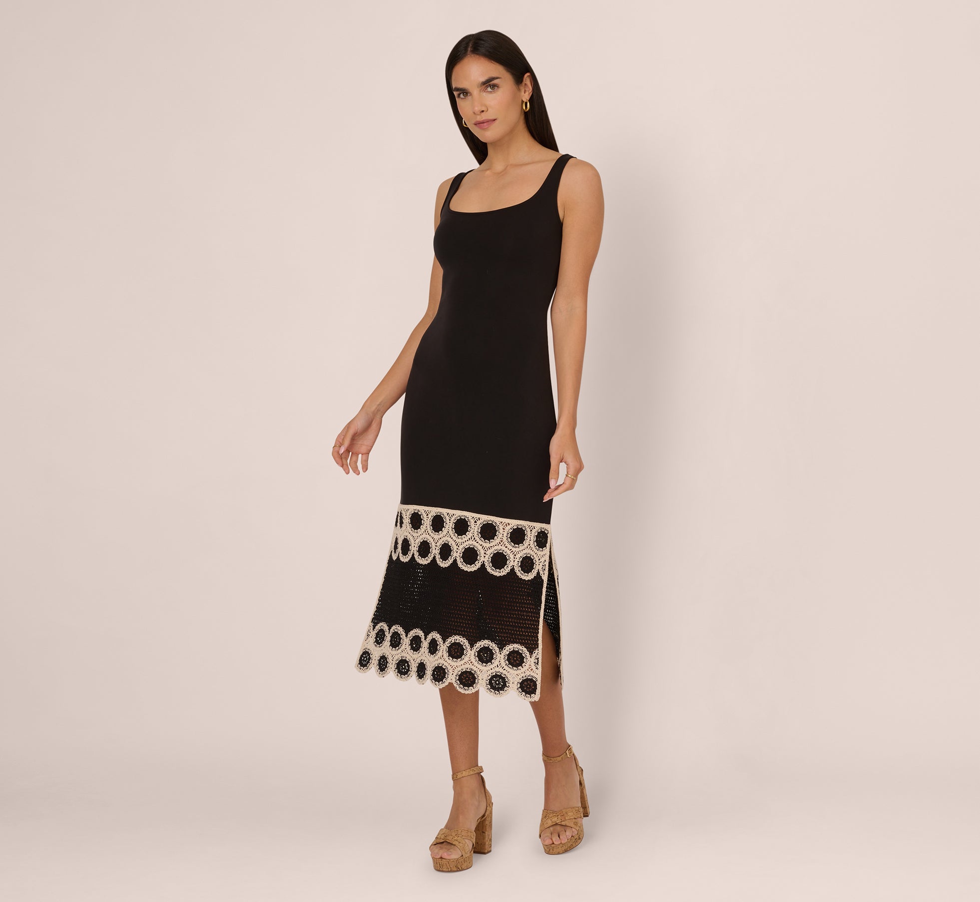 Crochet Trimmed Sheath Midi Dress With Tank Straps In Black Ecru、mySite、solidvoid