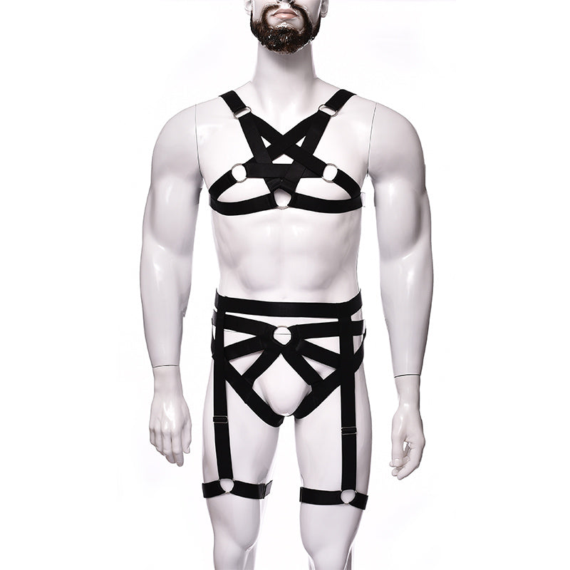Spandax Pentagram Chest And Garter Harness Set | Adjustable | Bulge Pouch | Black、mySite、bottomscart