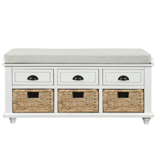 TREXM Rustic Storage Bench with 3 Drawers and 3 Rattan Baskets, Shoe Bench for Living Room, Entryway (White Washed)、、casual