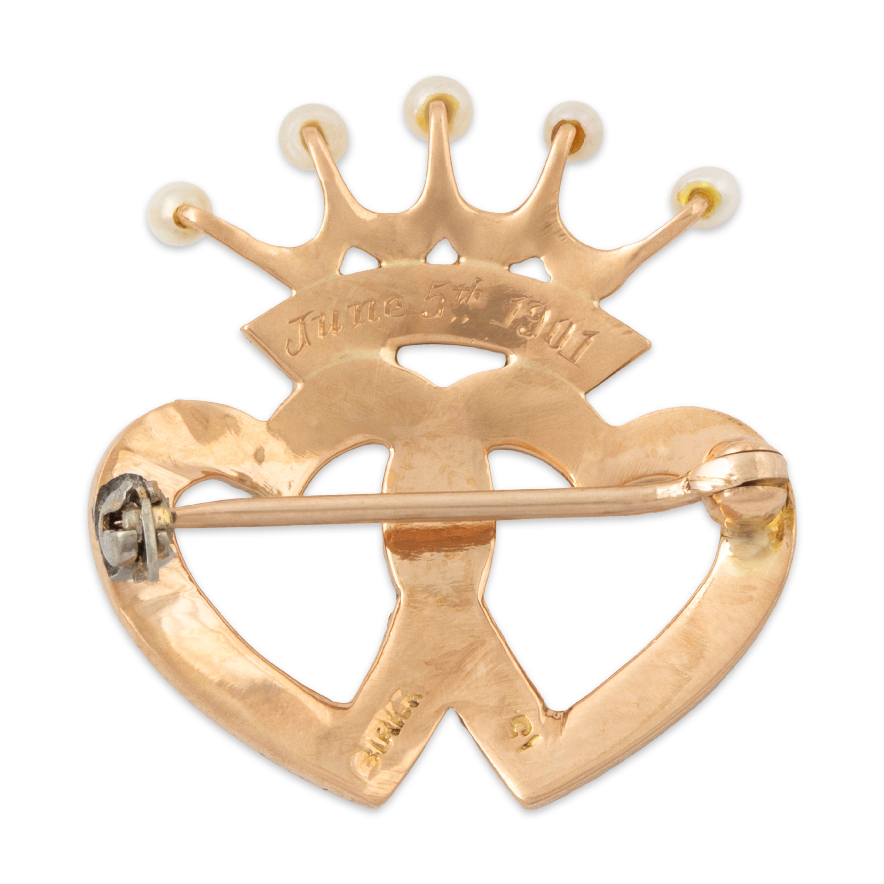 Antique Edwardian 15k Rosy Yellow Gold Pearl Crowned Hearts Brooch / Pin、mySite、hinf8tx79