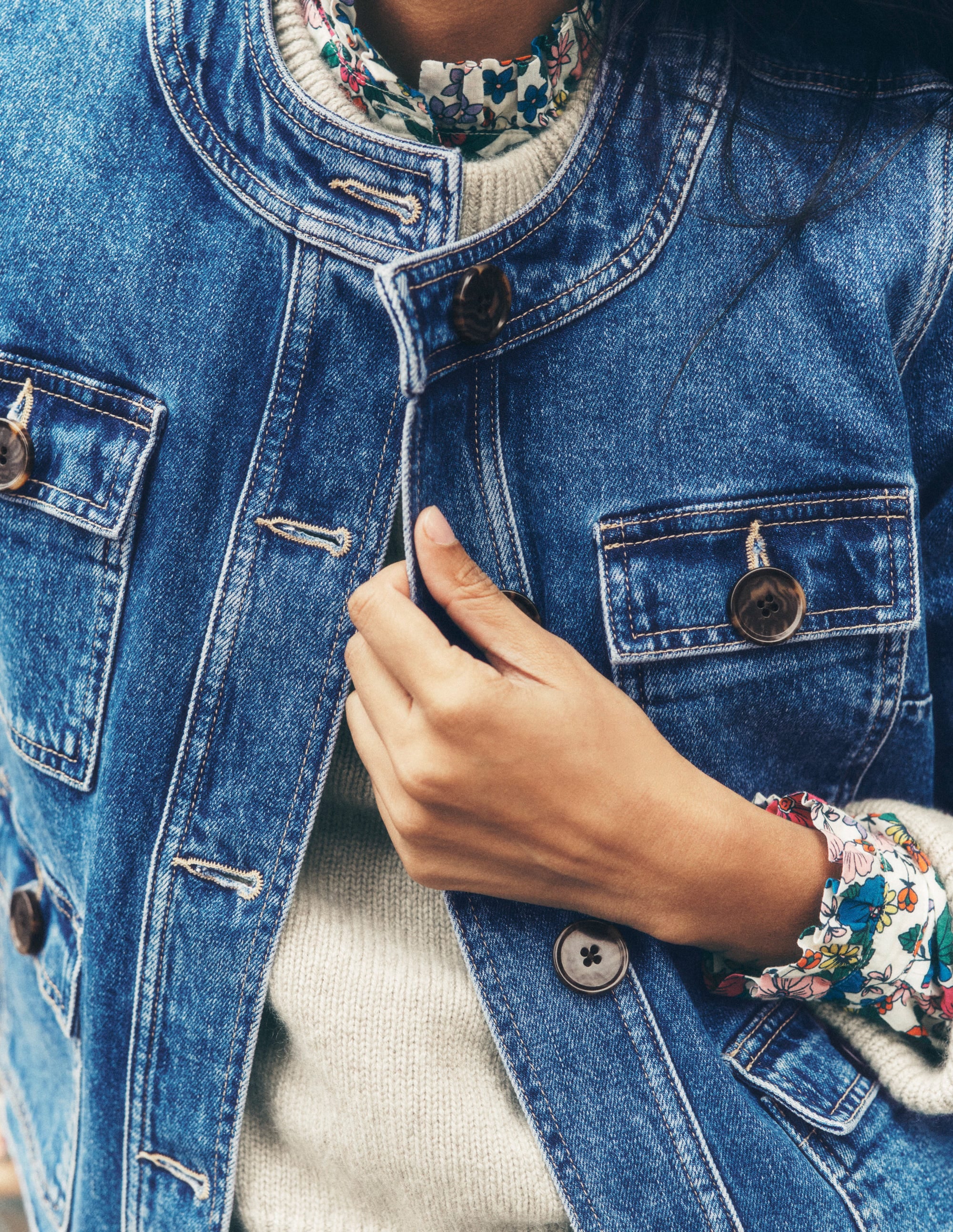  Collarless Casual Jacket-Mid Wash Denim、mySite、ashleygrahame