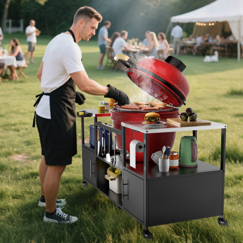 Outdoor Grill Table for Big Green Egg Style BBQ, Metal Grill Cart with Storage Box, Compatible with up to Large Green Egg, Kamado Joe Jr、、eastwooduniform