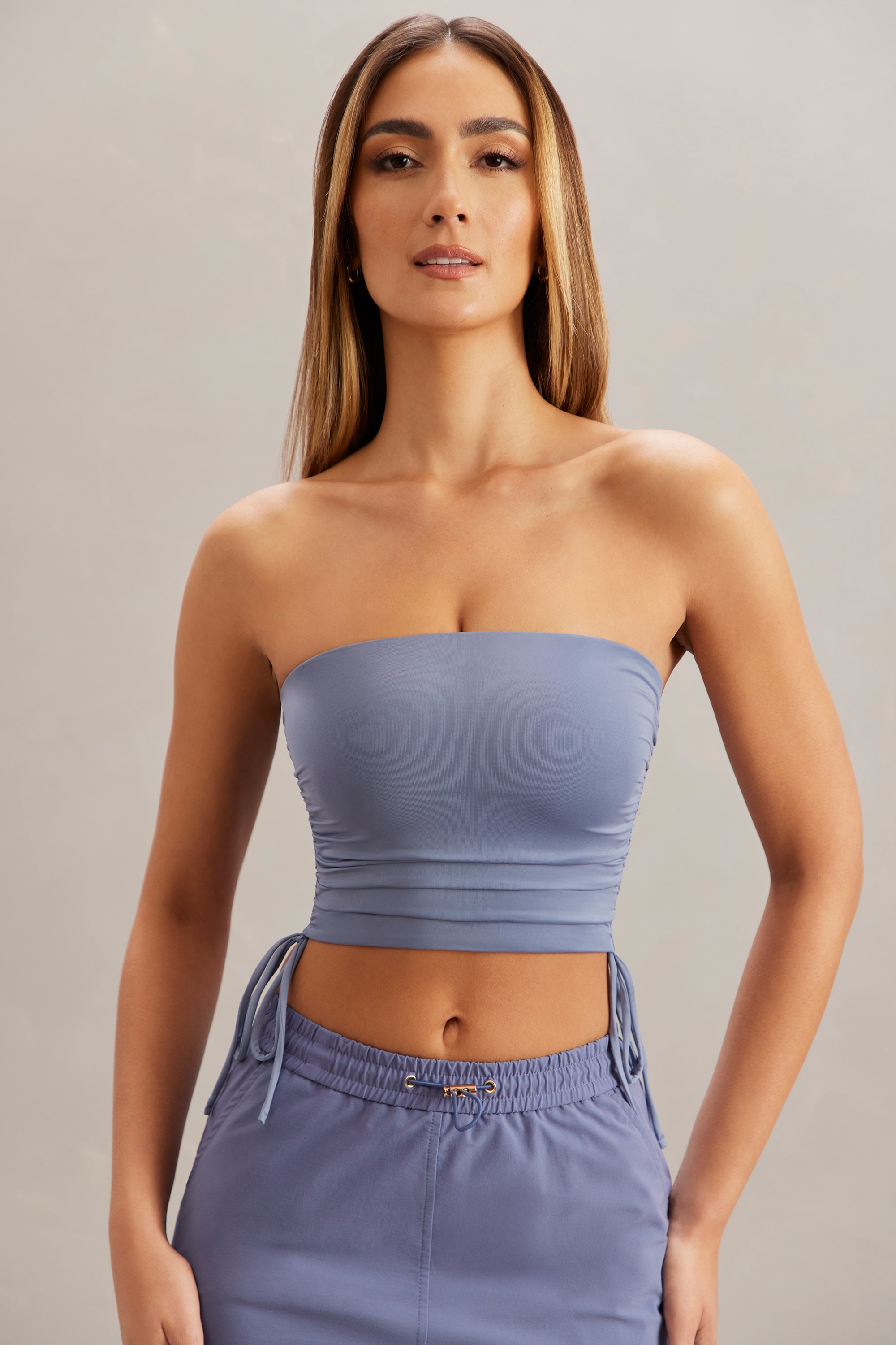 Ruched Bandeau Crop Top in Blue、mySite、solidvoid