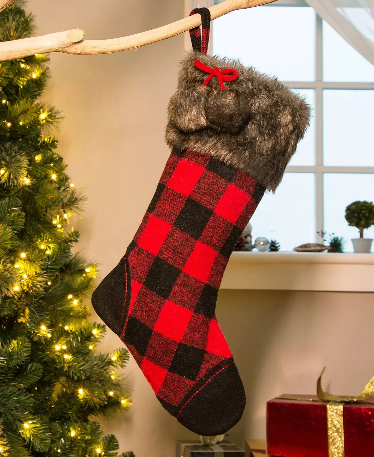 Buffalo Plaid Stocking Polyester Cotton Black and Red Plaid 21 L Imported、mySite、g9winljtr