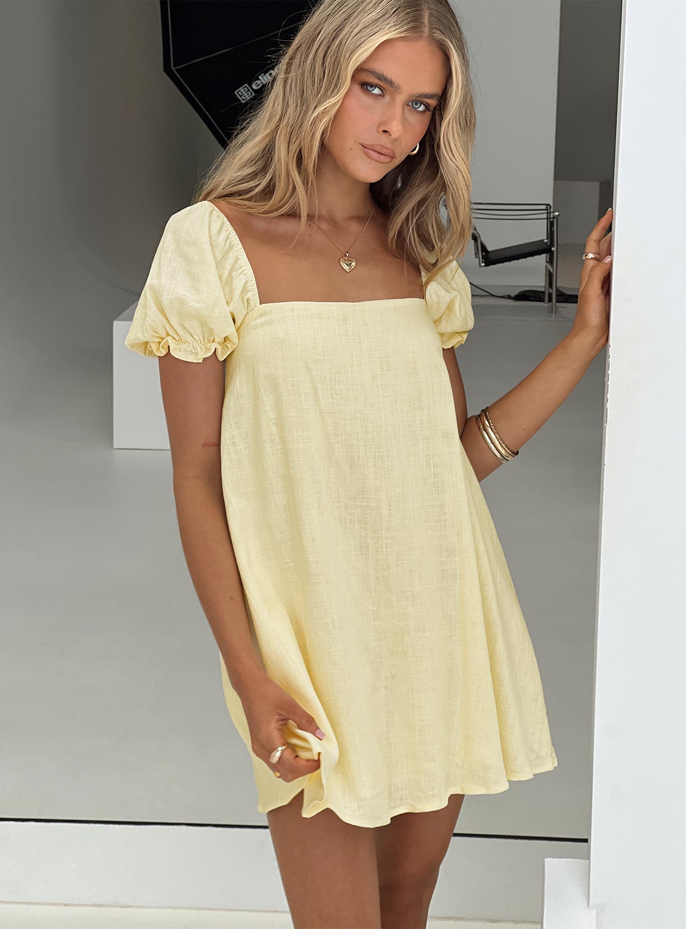 Beyond Linen Blend Mini Dress Yellow、mySite、solidvoid