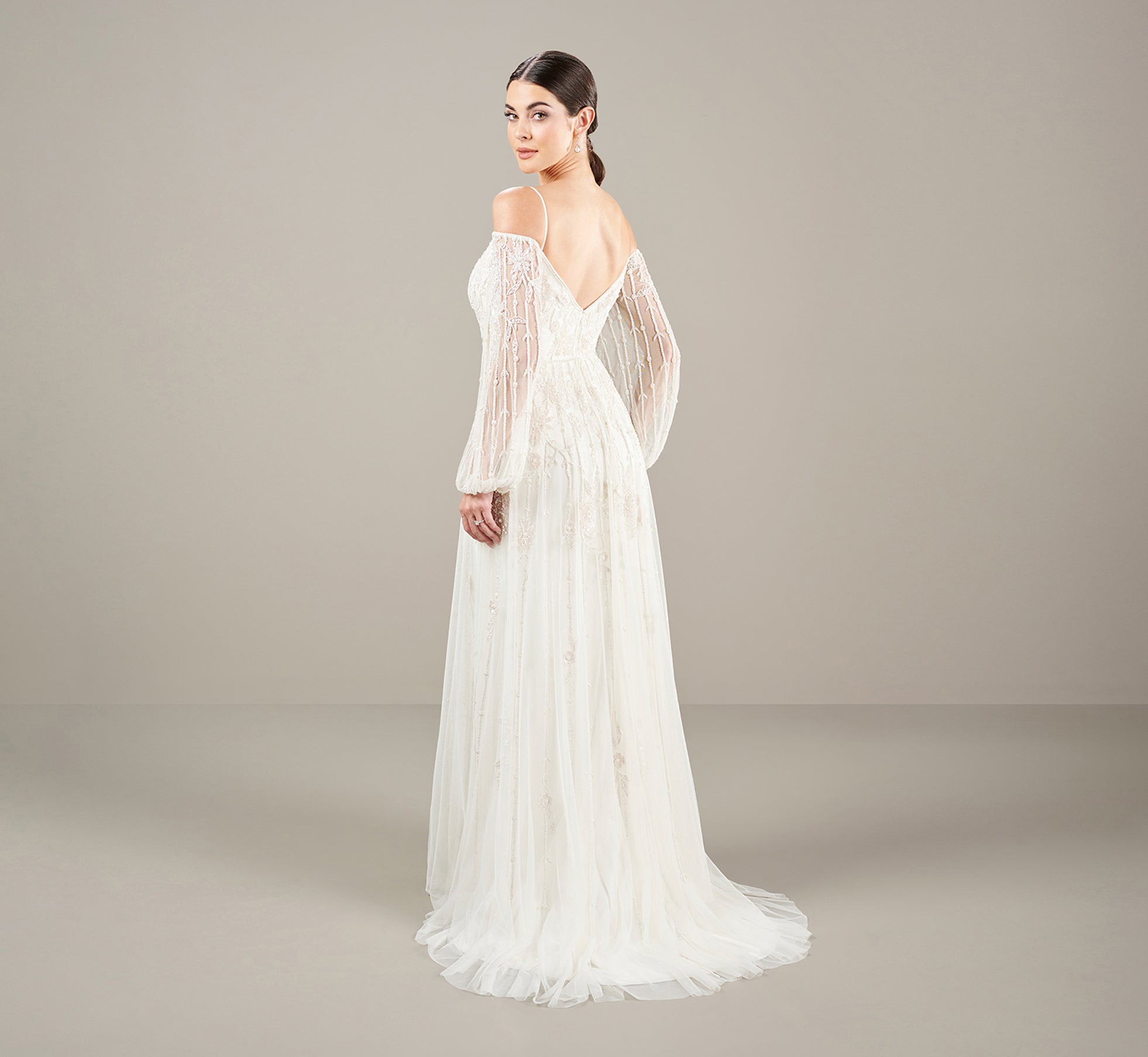 All Over Beaded Cold Shoulder Gown In Ivory、mySite、solidvoid