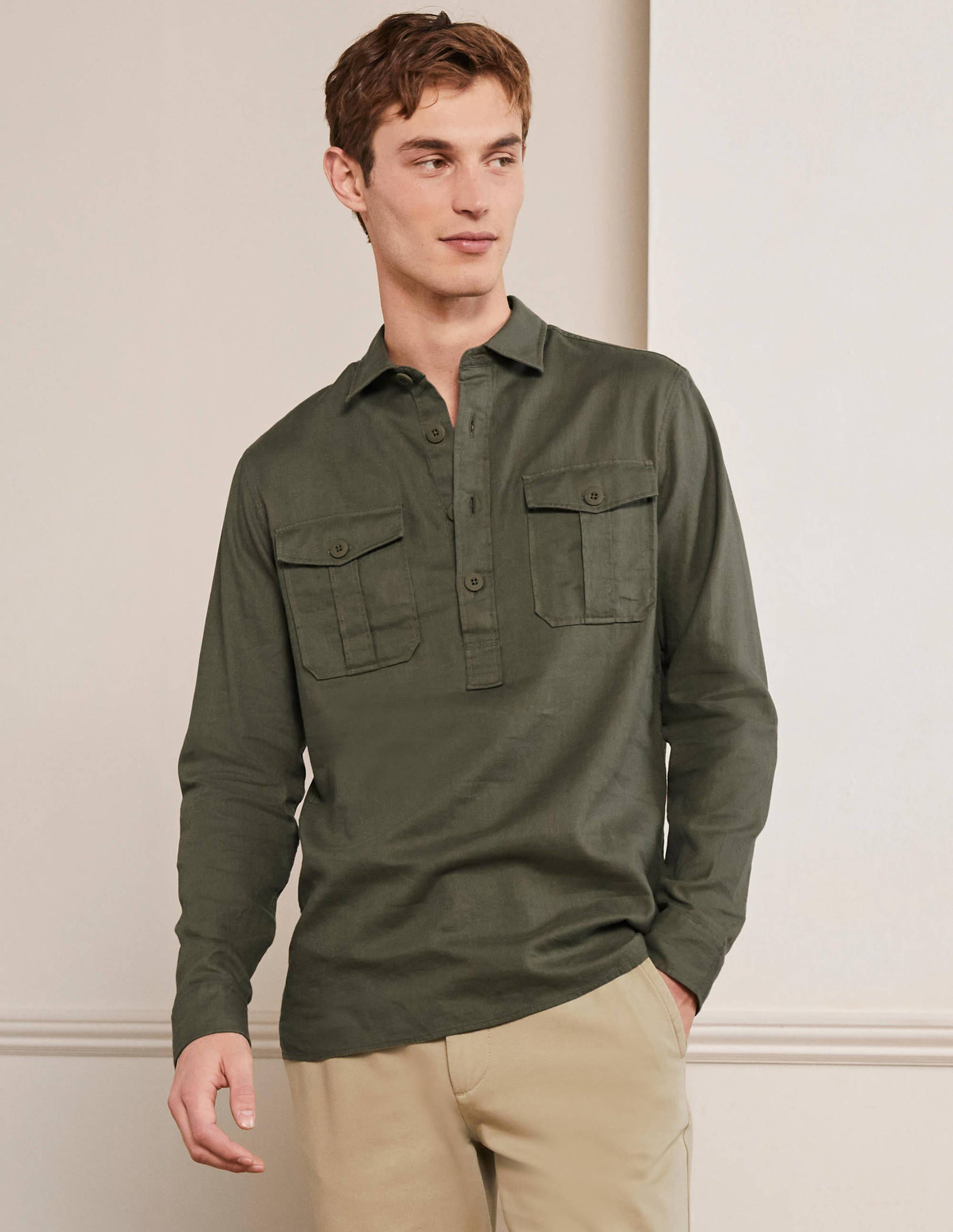  Linen Cotton Popover Shirt-Khaki Herringbone、mySite、ashleygrahame