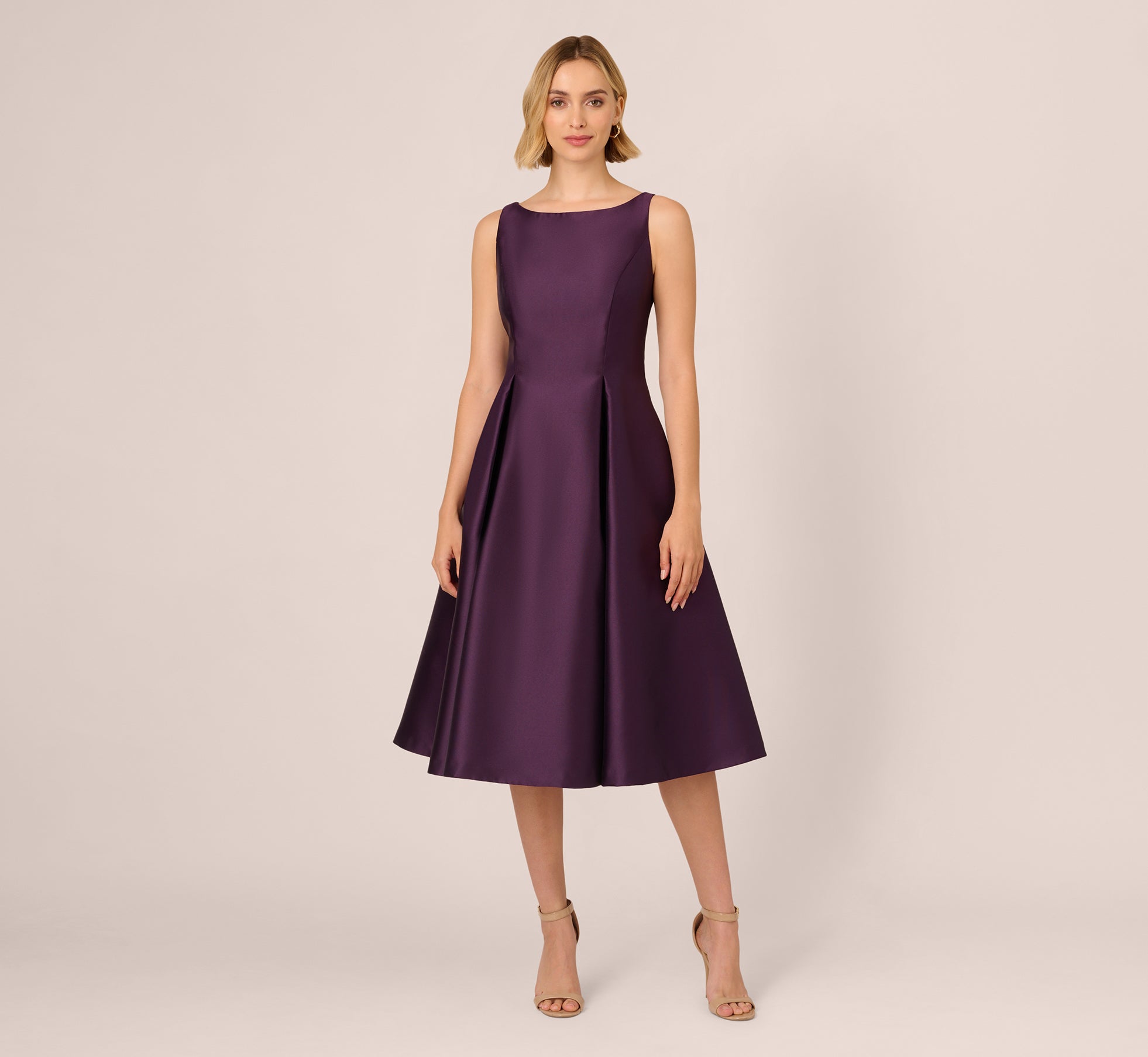 Sleeveless Mikado Fit And Flare Midi Dress With V-Back In Luxe Plum、mySite、solidvoid