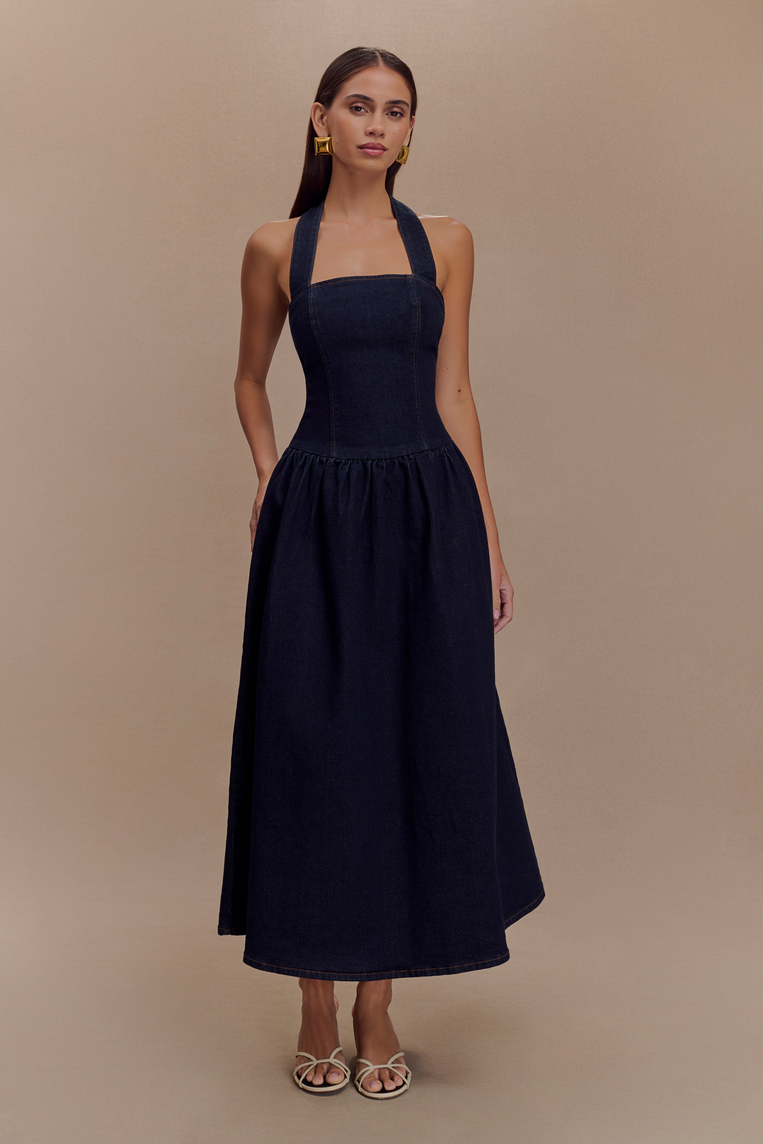Caroline Denim Halter Midi Dress - Indigo Blue、mySite、solidvoid