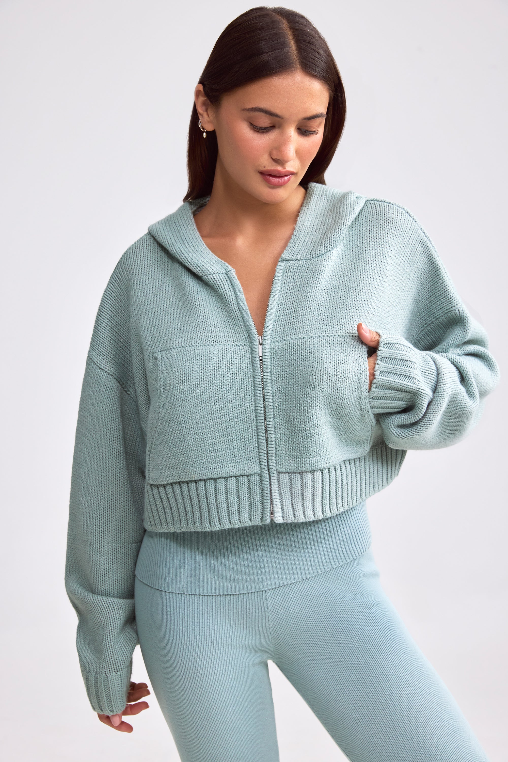 Cropped Zip-Up Chunky Knit Hoodie in Dusty Teal、mySite、solidvoid