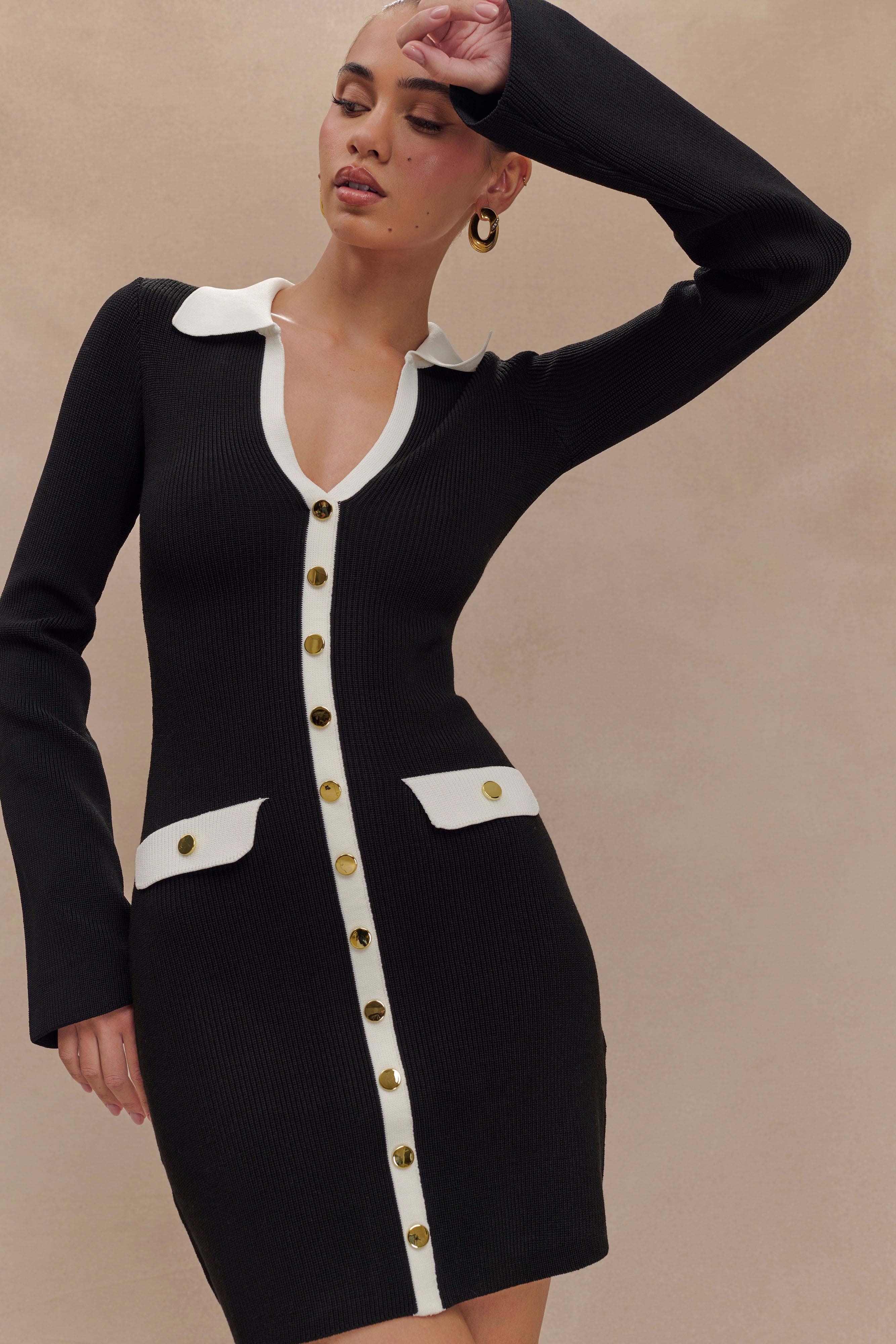 Wrenley Long Sleeve Knit Mini Dress - Black/White、mySite、solidvoid