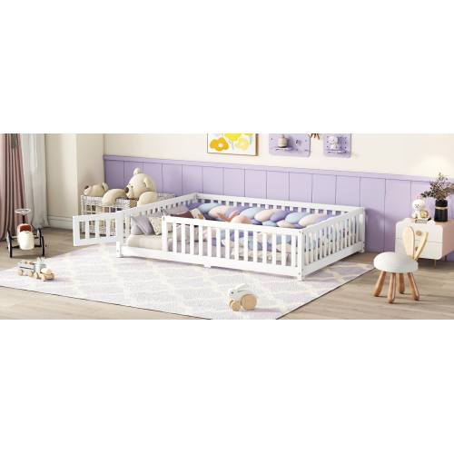 Twin Size Bed Floor Bed with Safety Guardrails and Door for Kids, Natural(Old SKU: W158090686)、、casual