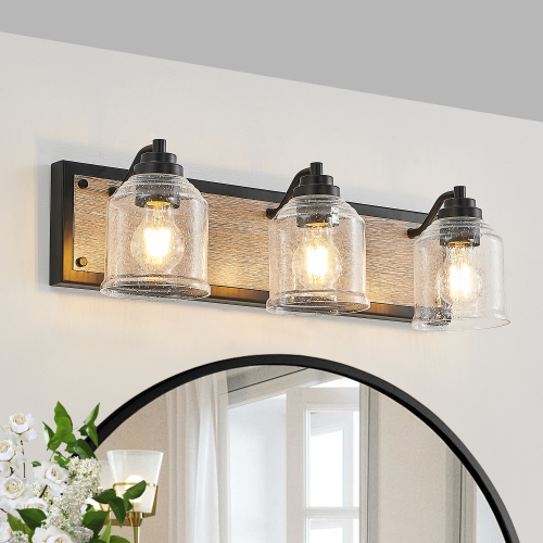 40&quot; Farmhouse Vanity Light Fixture, 5-Light Bathroom Wall Sconce with Clear Seeded Glass Shades, Black and Wood Grain Finish, Modern Industrial Design for Bathroom or Powder Room (No Bulbs)、、eastwooduniform