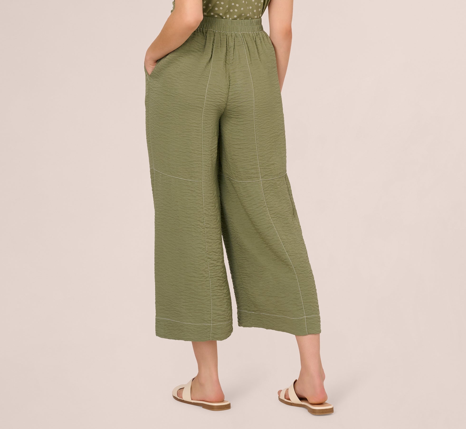 Contrast Stitching Crinkle Midi Pant In Oil Green Ivory、mySite、solidvoid