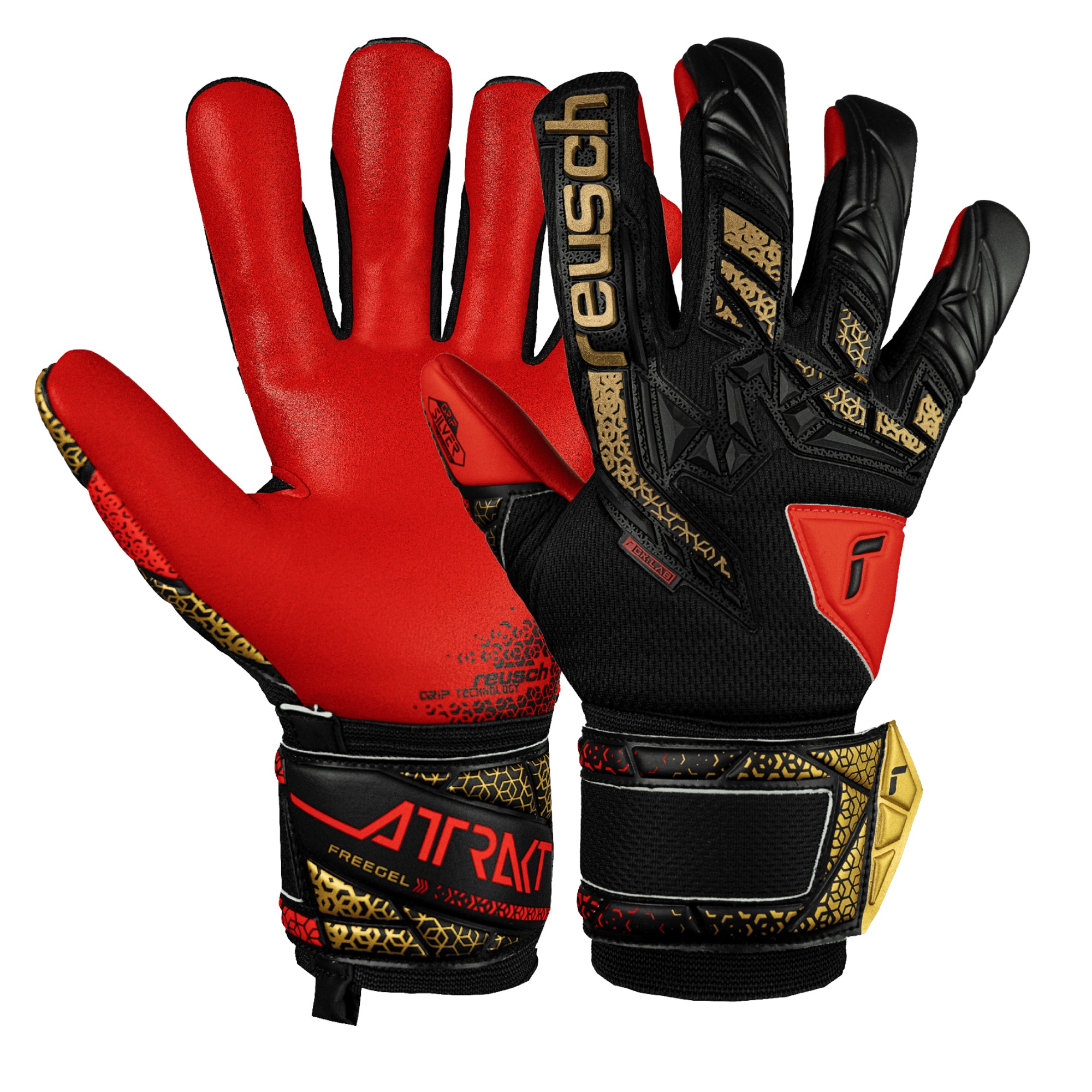 Reusch Men's Attrakt Silver Goalkeeper Gloves Black/Gold/Red、mySite、noshort