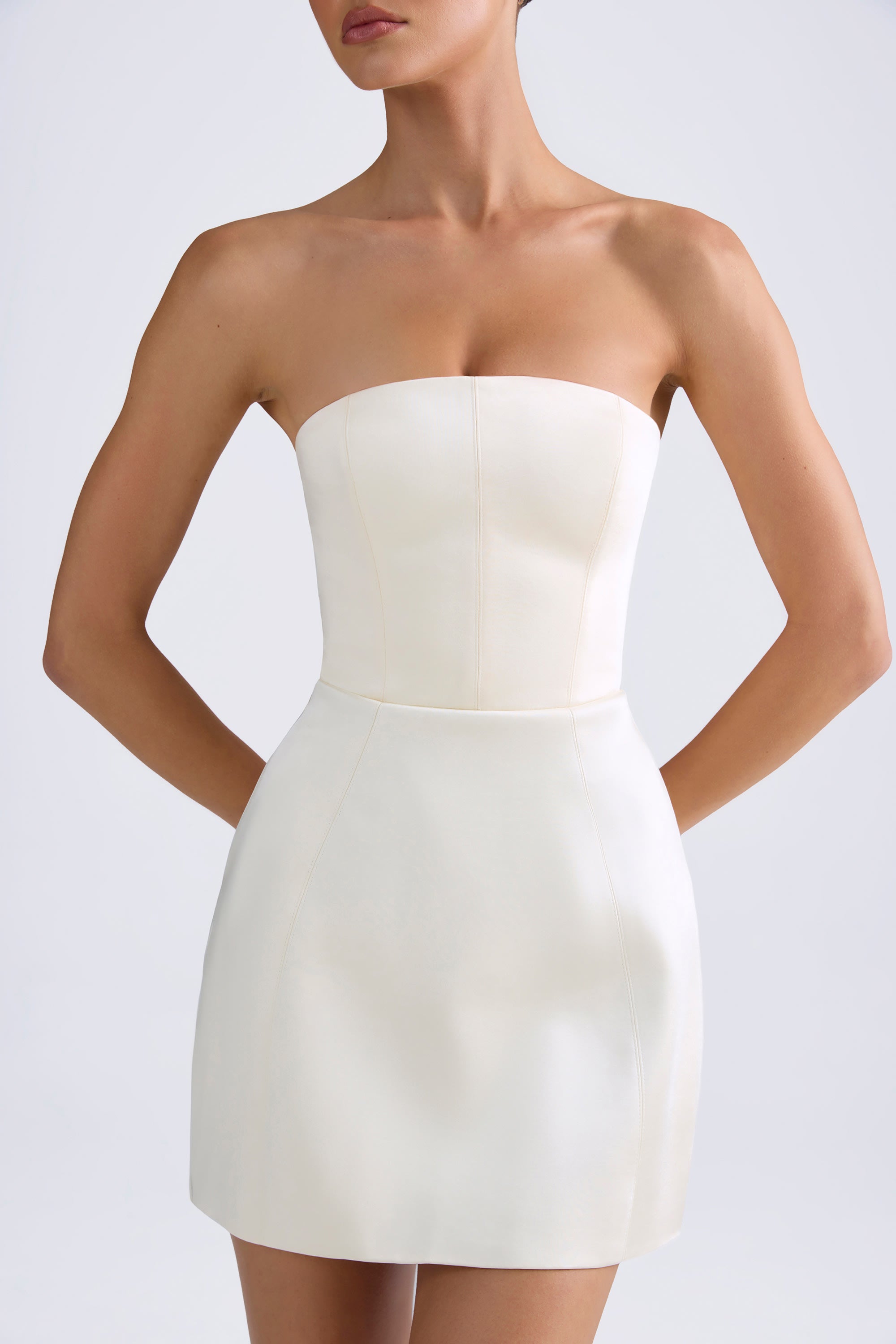 Bandeau Structured Tulip Mini Dress in Ivory、mySite、solidvoid