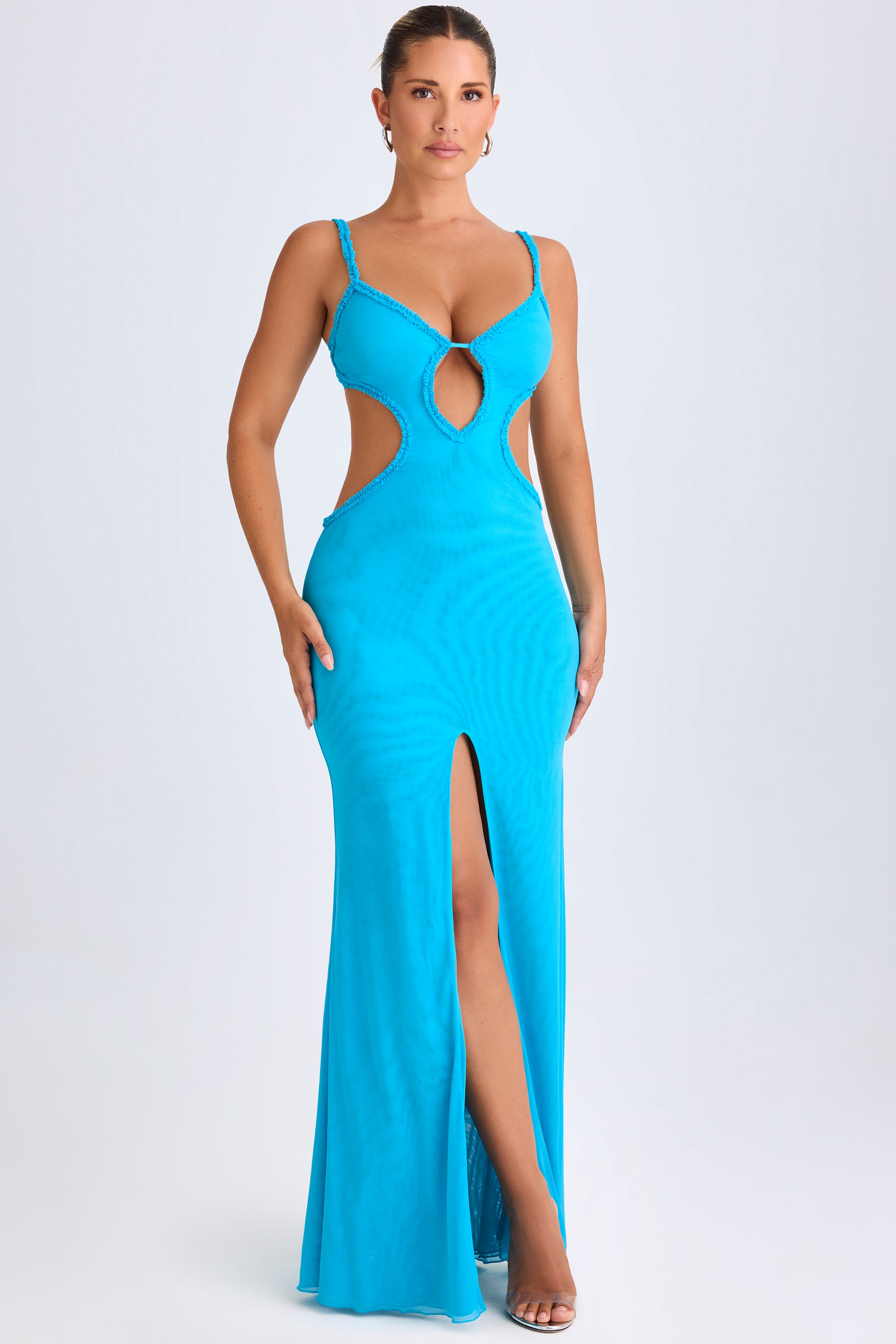 Ruffle-Appliqué Cut-Out Maxi Dress in Aqua Blue、mySite、solidvoid