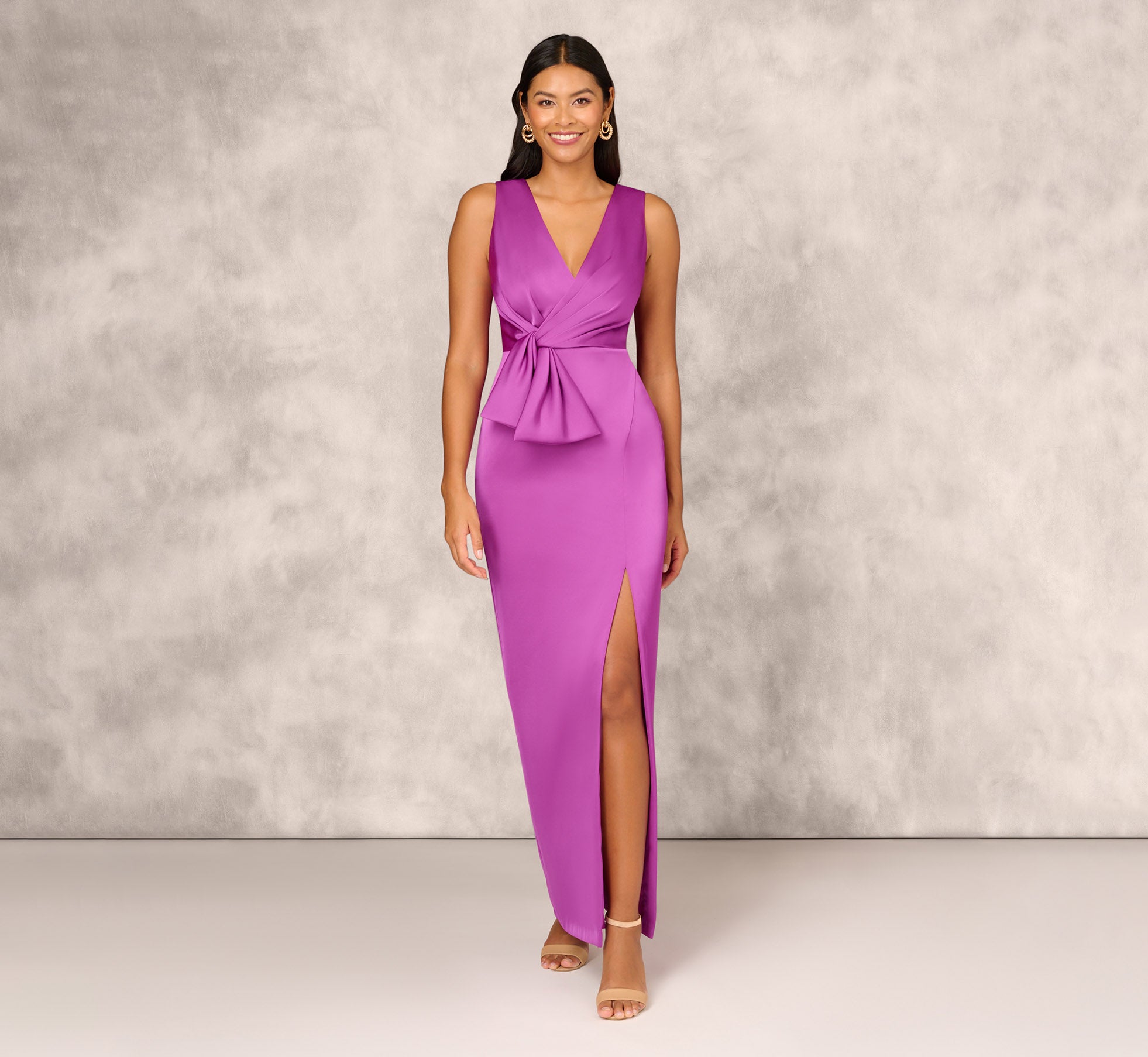 Sleeveless Satin Crepe Column Gown With Bow Waist In Wild Orchid、mySite、solidvoid