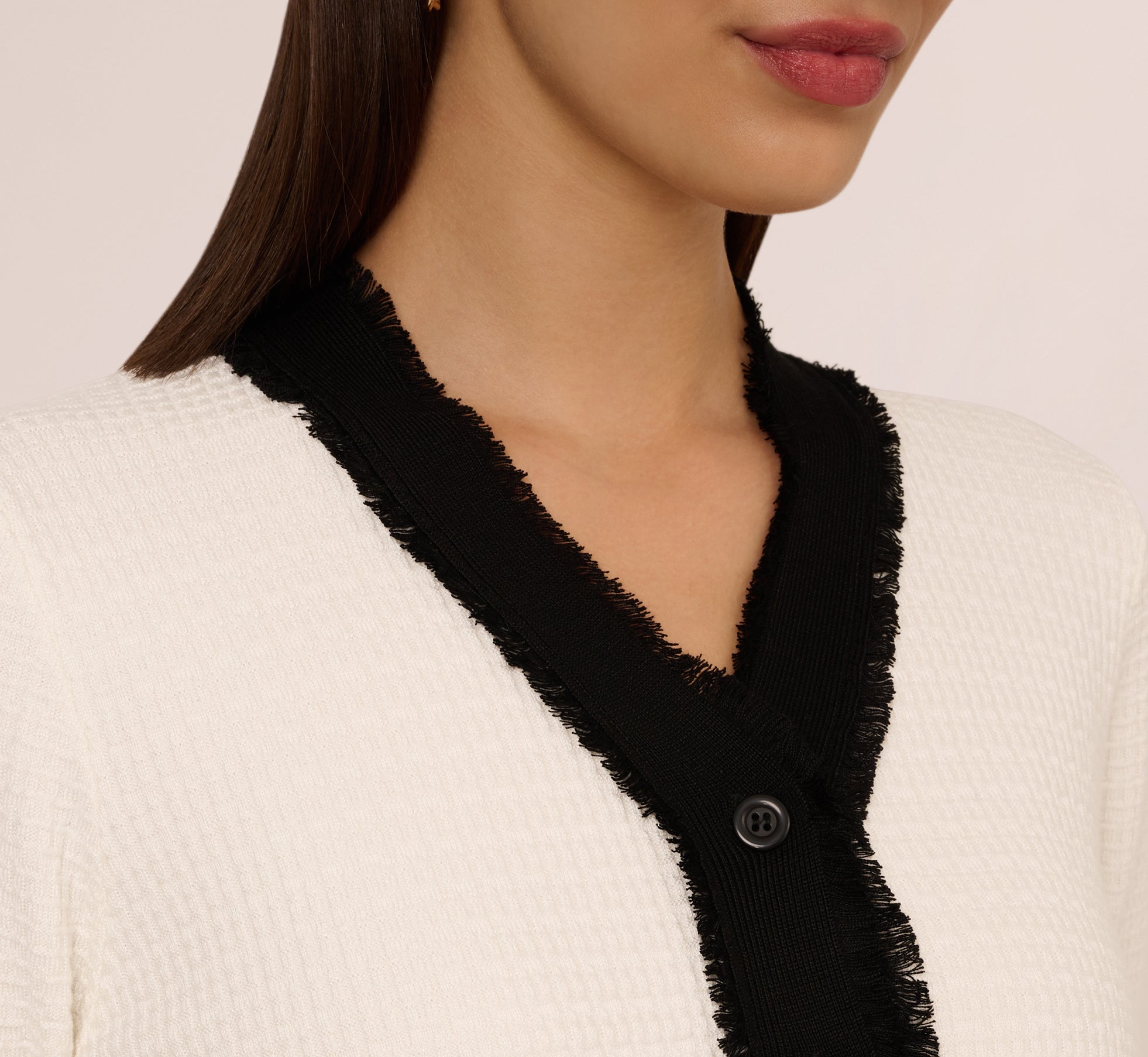Waffle Knit Fringe Trim Cardigan In Ivory Black、mySite、solidvoid