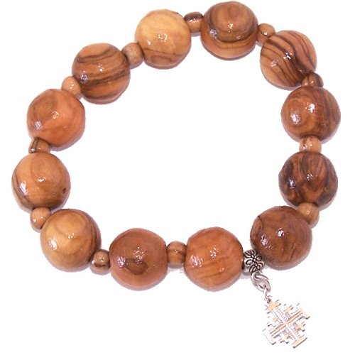 Elastic Olive wood religious bracelet with Silver tone Jerusalem Cross (Large) *** Packed as a gift with special Certificate of Authenticity and origin and a FREE Lord's Prayer gift card、mySite、topwebapps
