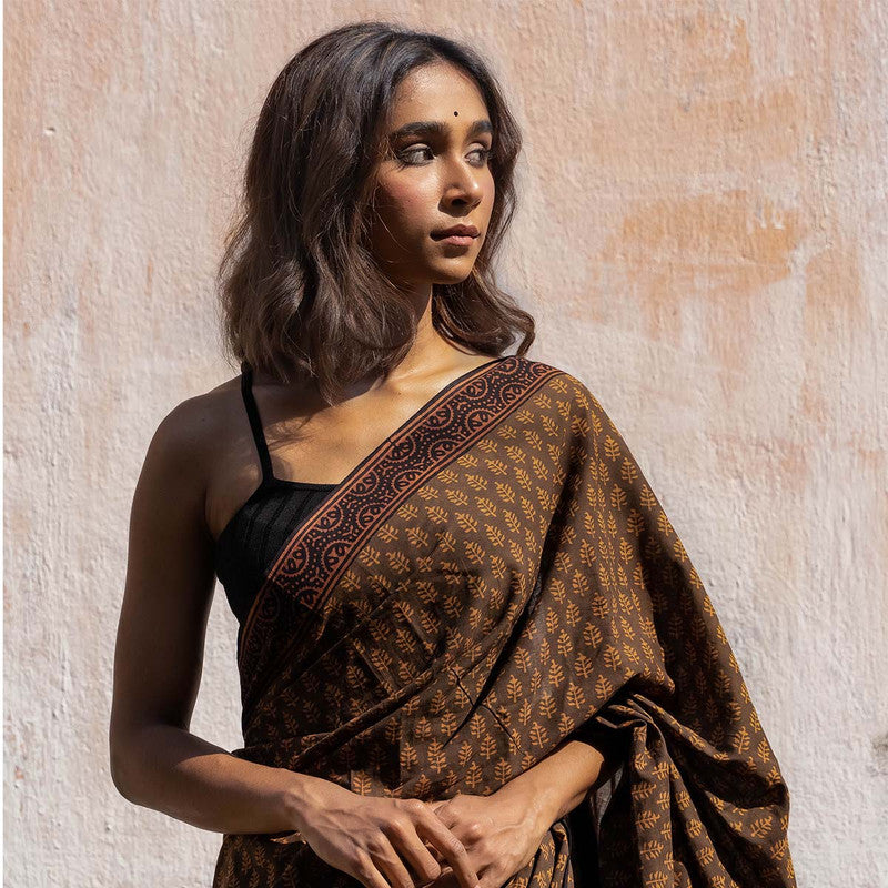 Handblock Floral Printed Chanderi Brown Saree、mySite、camillekostekn