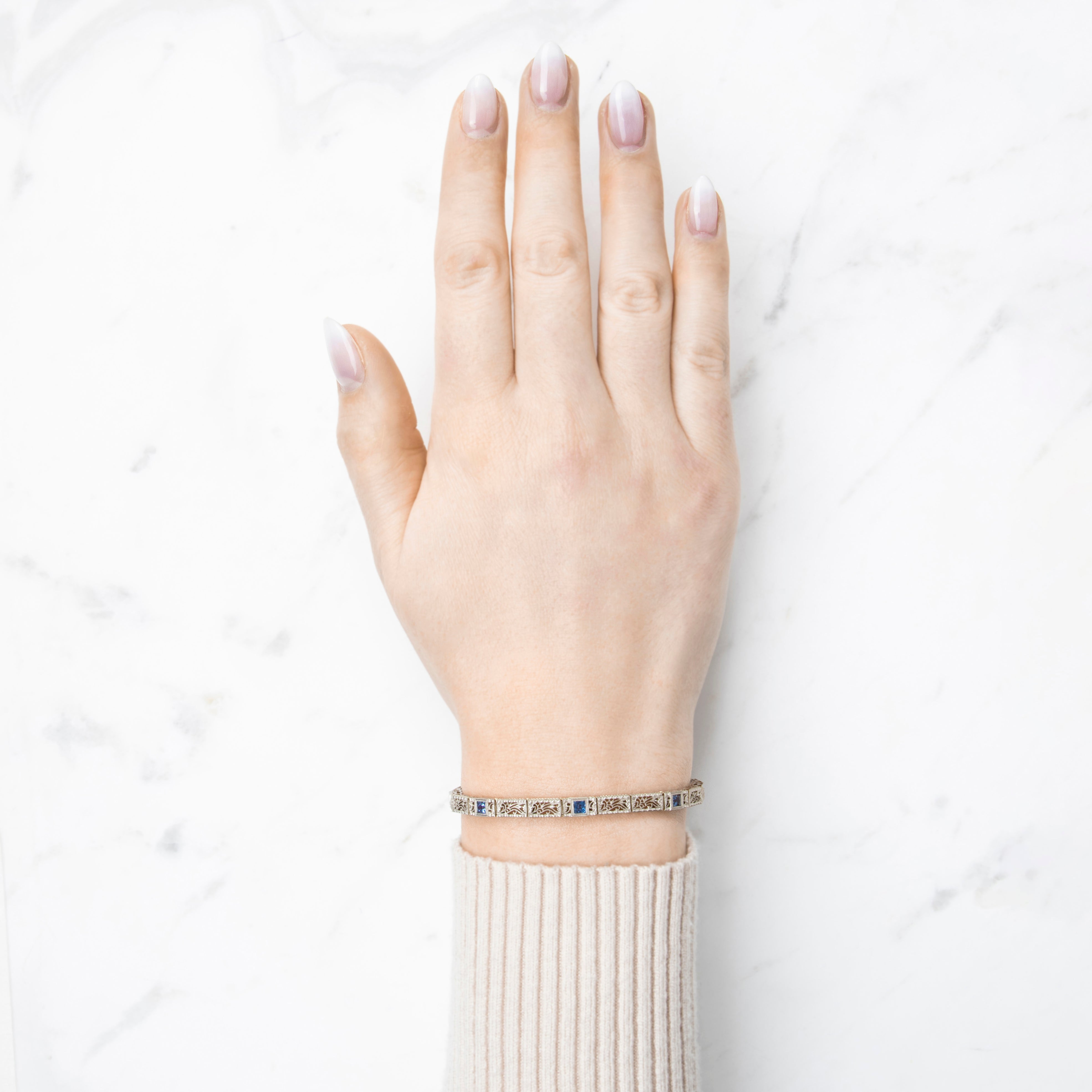 Antique Deco 14k White Gold Synthetic Sapphire Blossom Filigree Bracelet 6.75、mySite、hinf8tx79