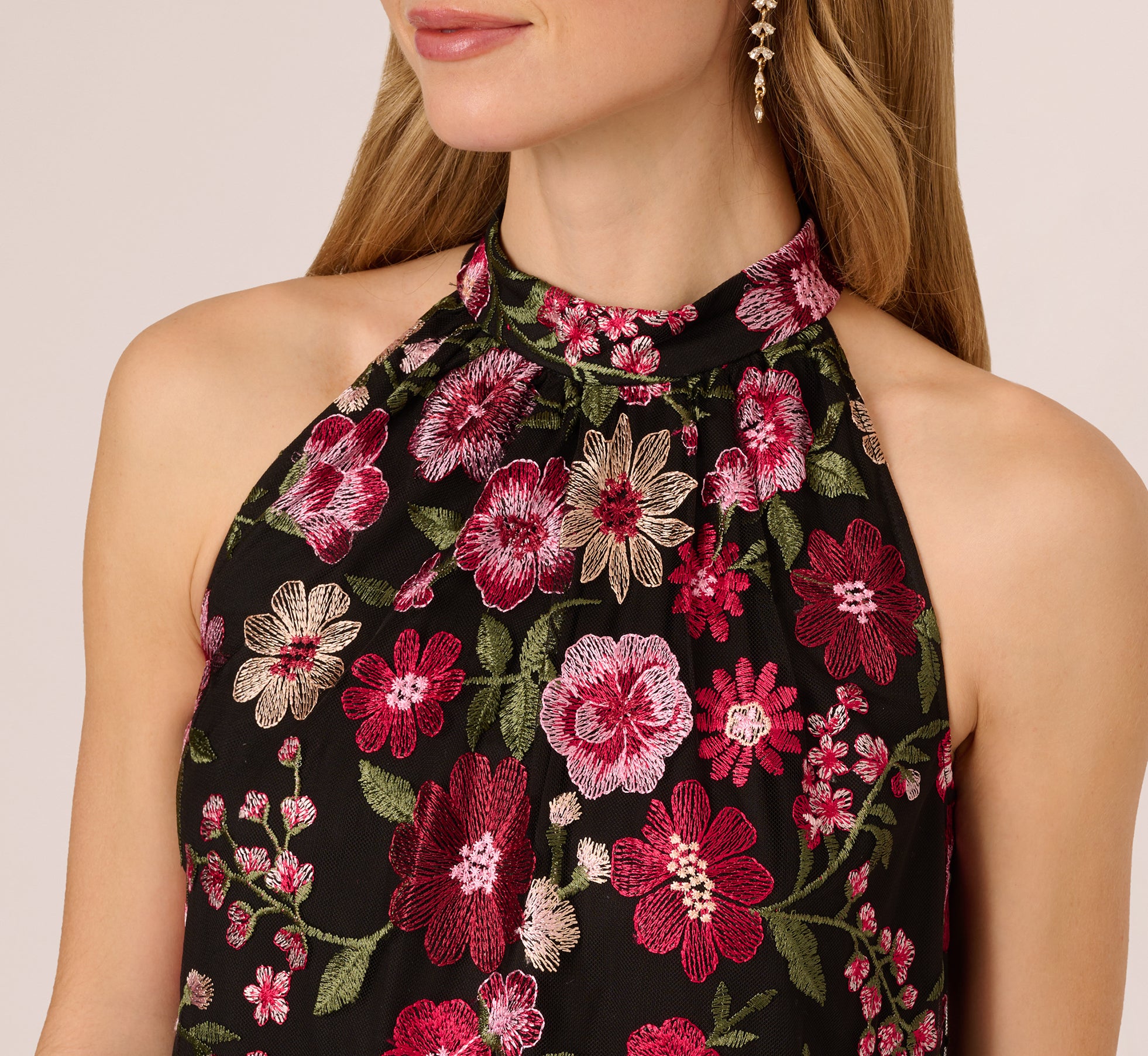 Floral Embroidered Trapeze Halter Dress In Pink Multi、mySite、solidvoid