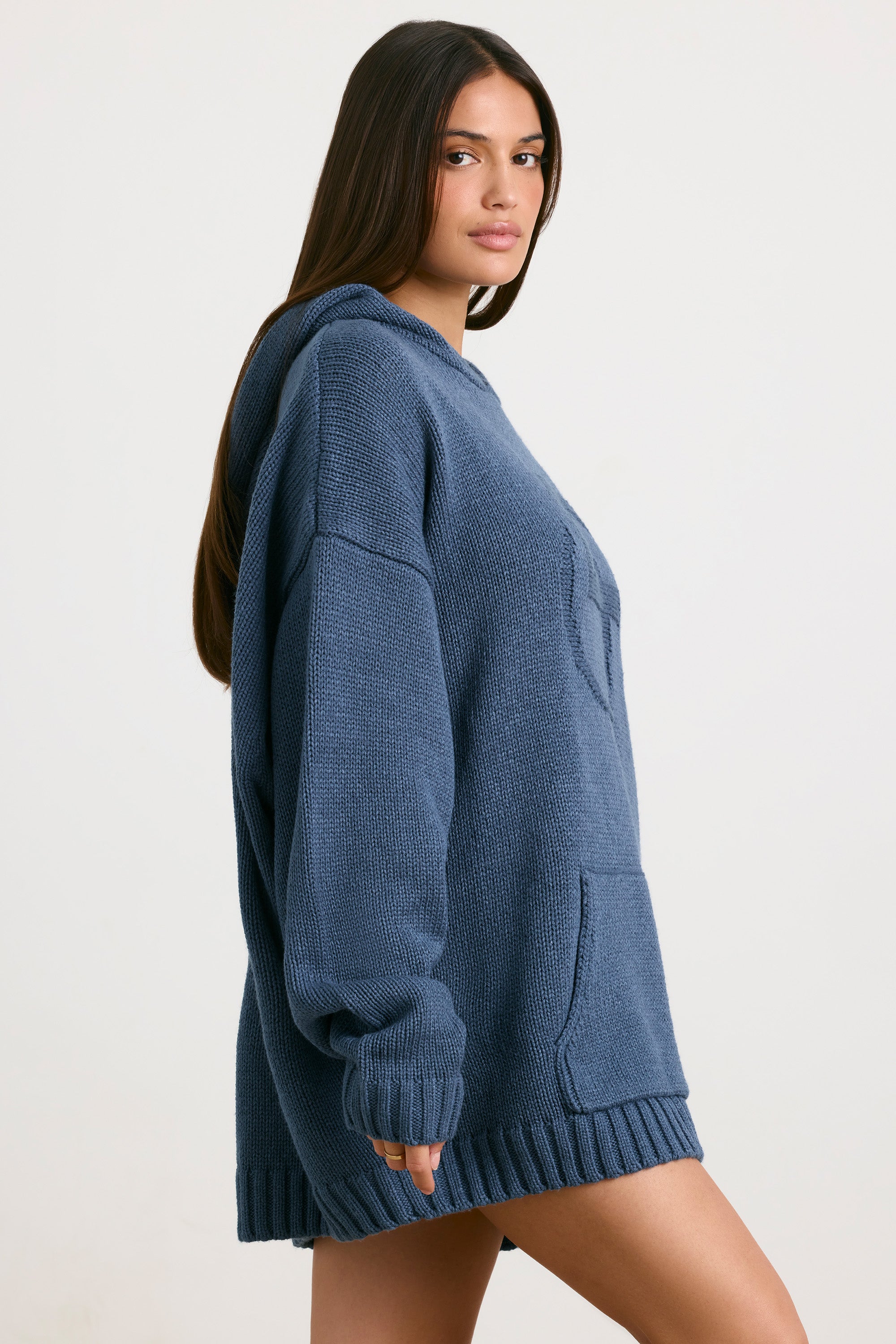 Oversized Chunky Knit Hoodie in Washed Navy、mySite、solidvoid