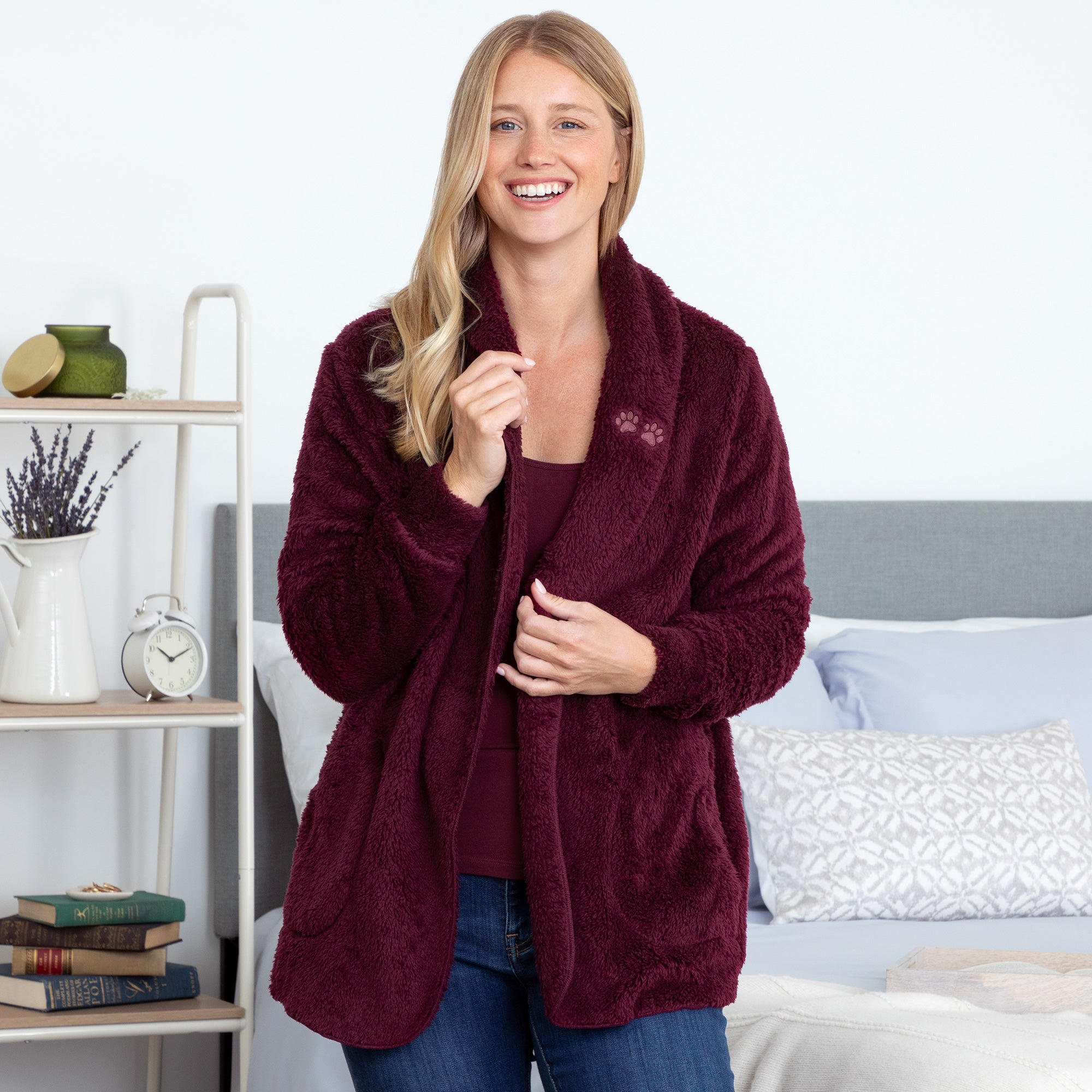 Paw Print Plush Sherpa Fleece Open Jacket with Pockets、mySite、camillekostekn