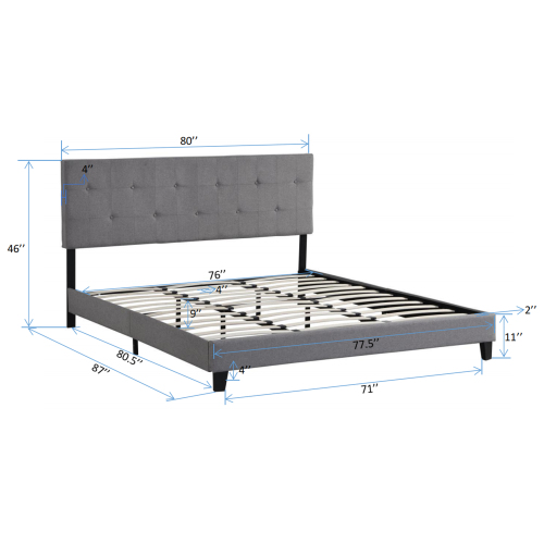 King Size Upholstered Platform Bed Frame with Button Tufted Linen Fabric Headboard, No Box Spring Needed, Wood Slat Support, Easy Assembly, Gray、、casual