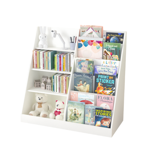 Kids Bookcase and Bookshelf, Multifunctional Bookcase with 3 Collapsible Fabric Drawers, Bookcase Display Stand, Toy Storage Organizer for Bedroom, Playroom, Hallway (White/Gray)、、casual