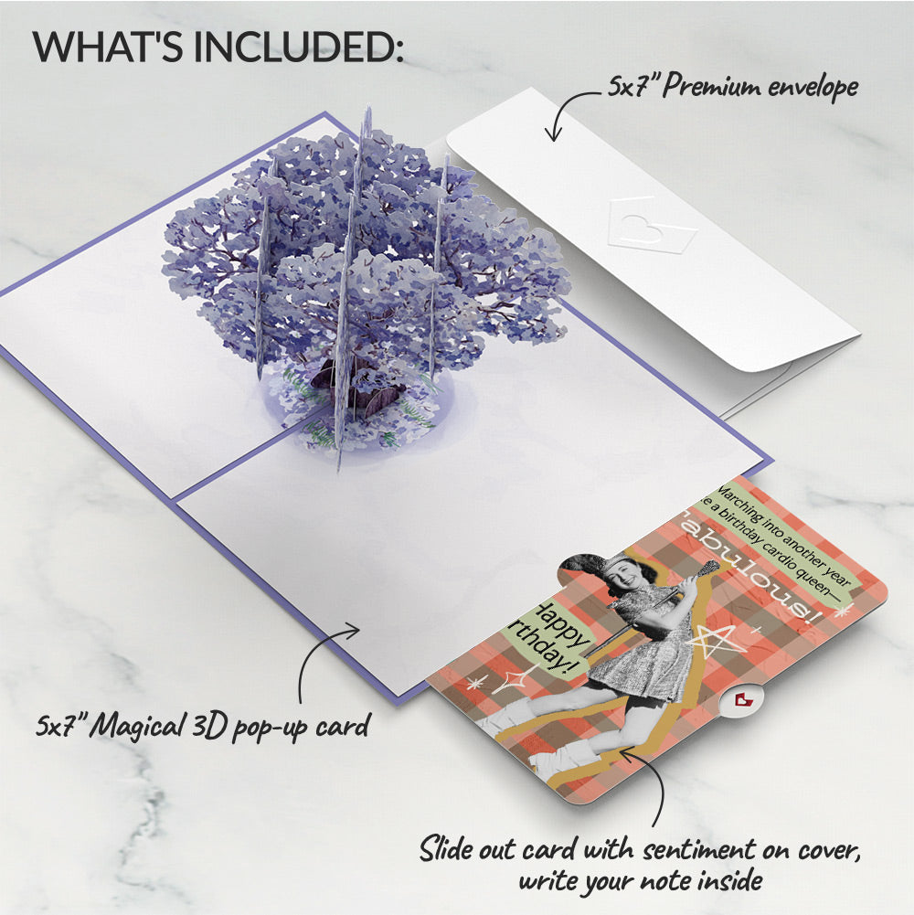 Watercolor Jacaranda Tree Birthday Pop-Up Card and Cardio Queen Sentiment Set、mySite、solidvoid