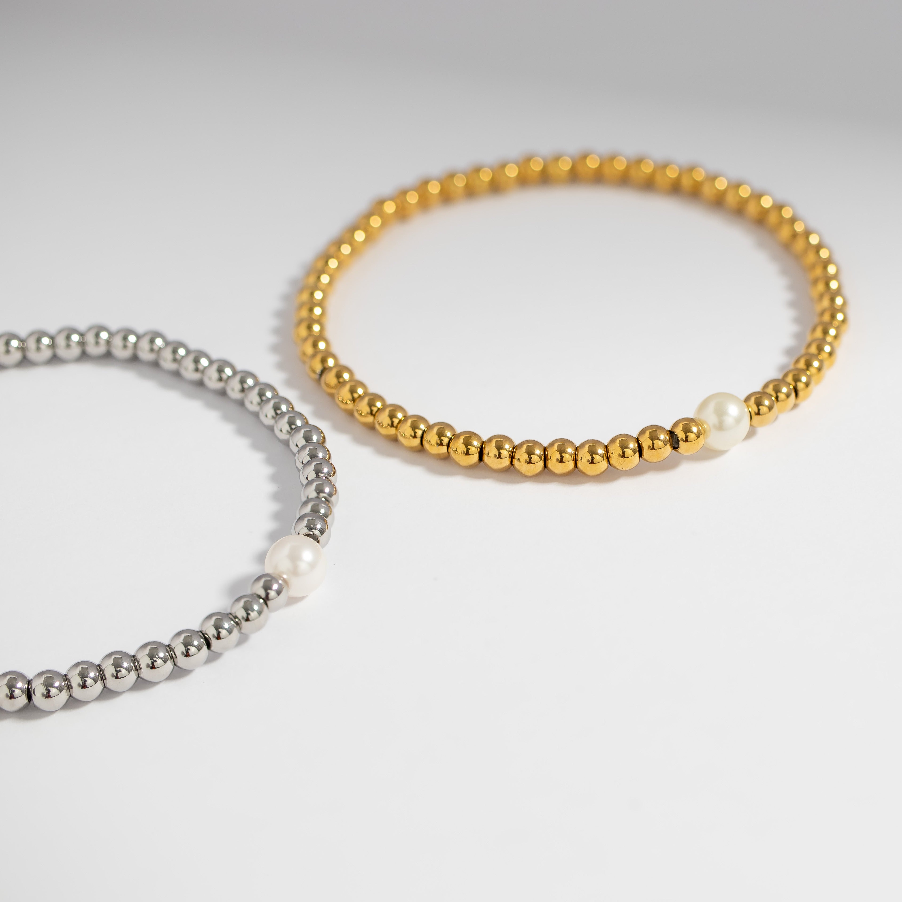 18K Gold PVD Stainless Steel Stretch Bracelet with Pearl / BRJ1071、mySite、dreamappss