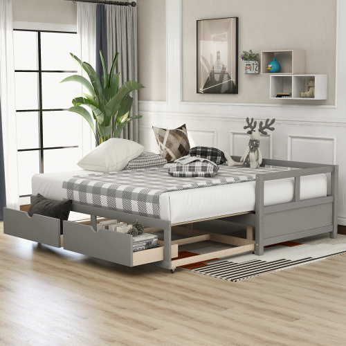 Wooden Daybed with Trundle Bed and Two Storage Drawers , Extendable Bed Daybed,Sofa Bed for Bedroom Living Room,White、、casual